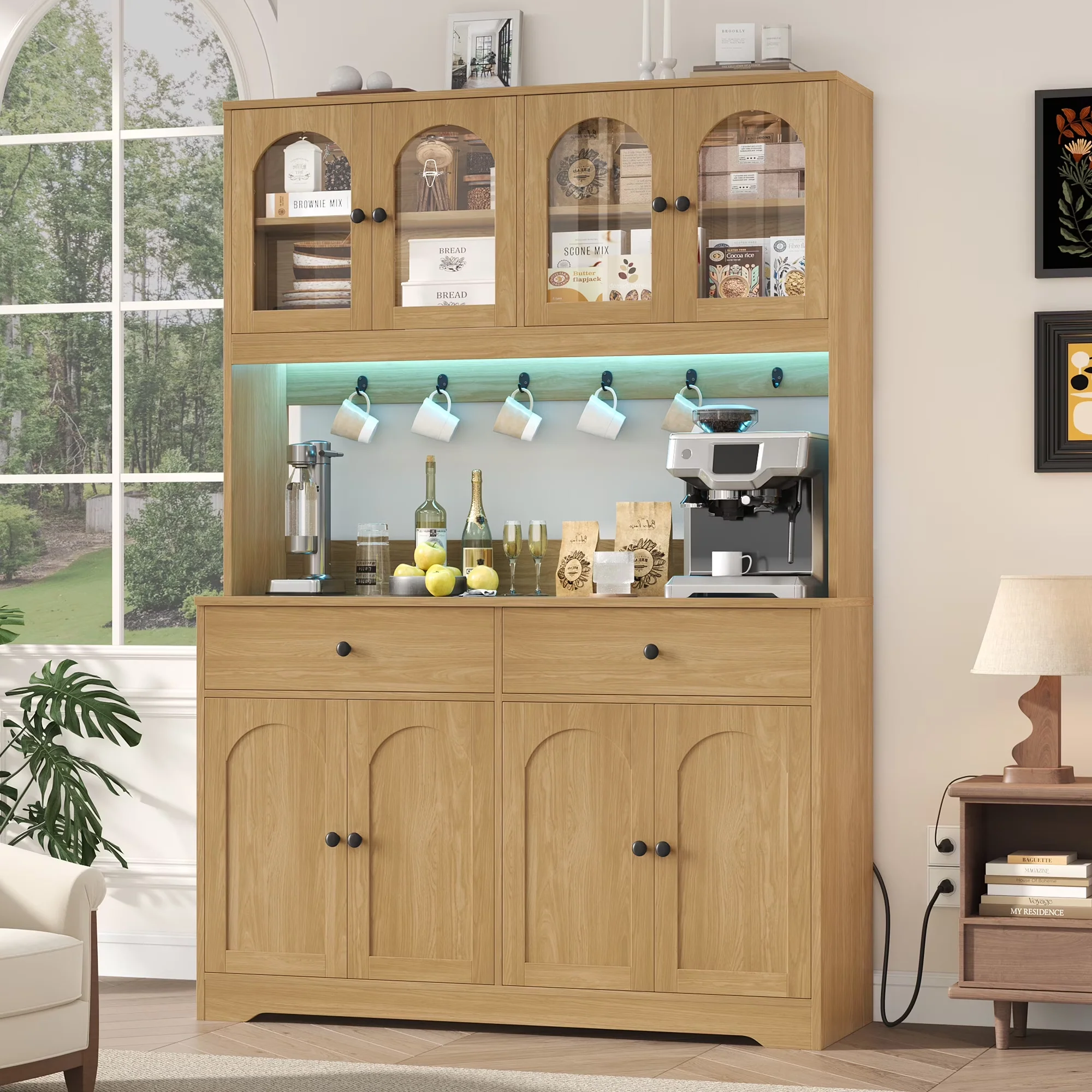 Homfa H-250721-1 71" Kitchen Pantry with LED Lights and Charging Station, Wood Grain