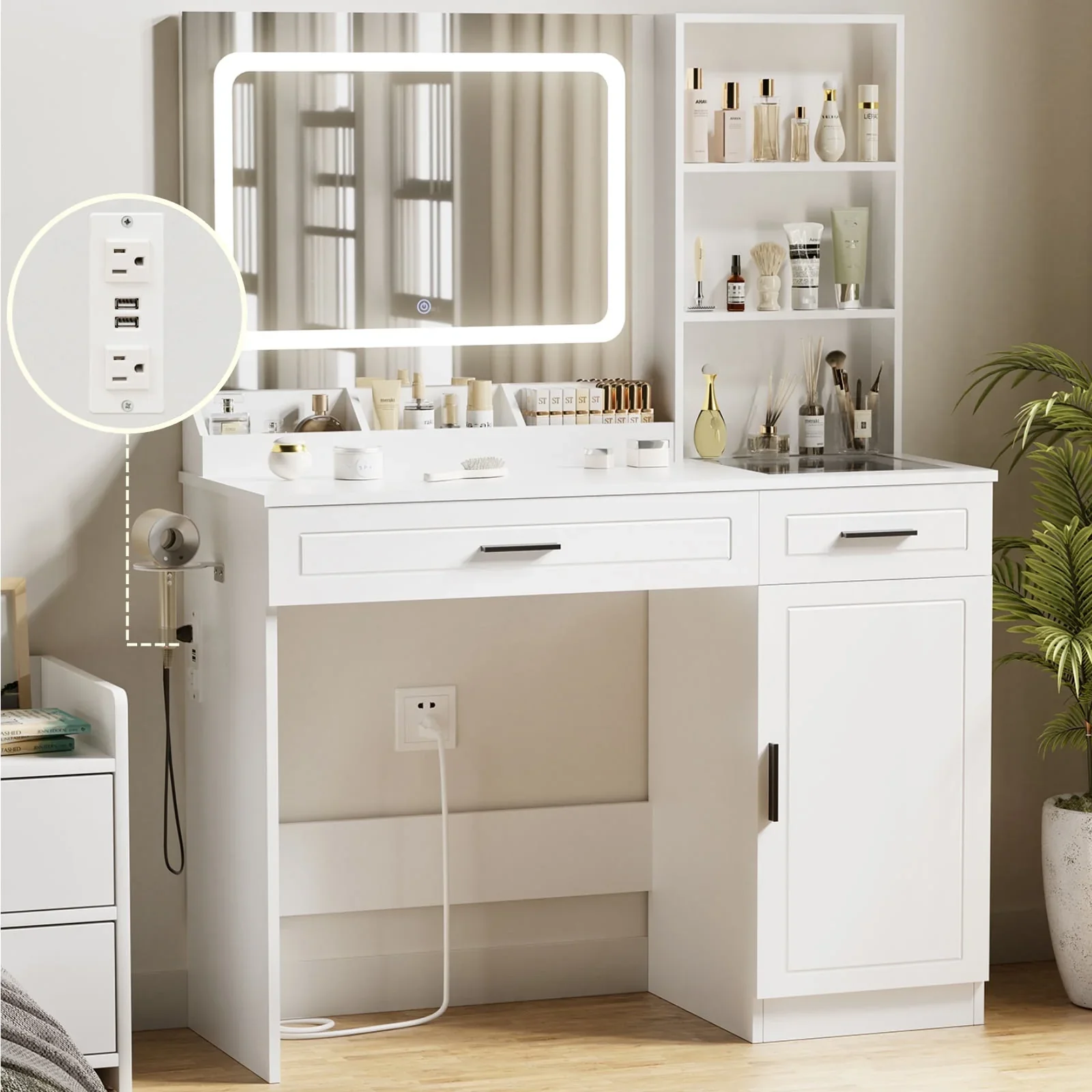 Hommpa Makeup Vanity with LED Lighted Mirror Vanity with Glass Top Drawers Vanity Table with Charging Station, White