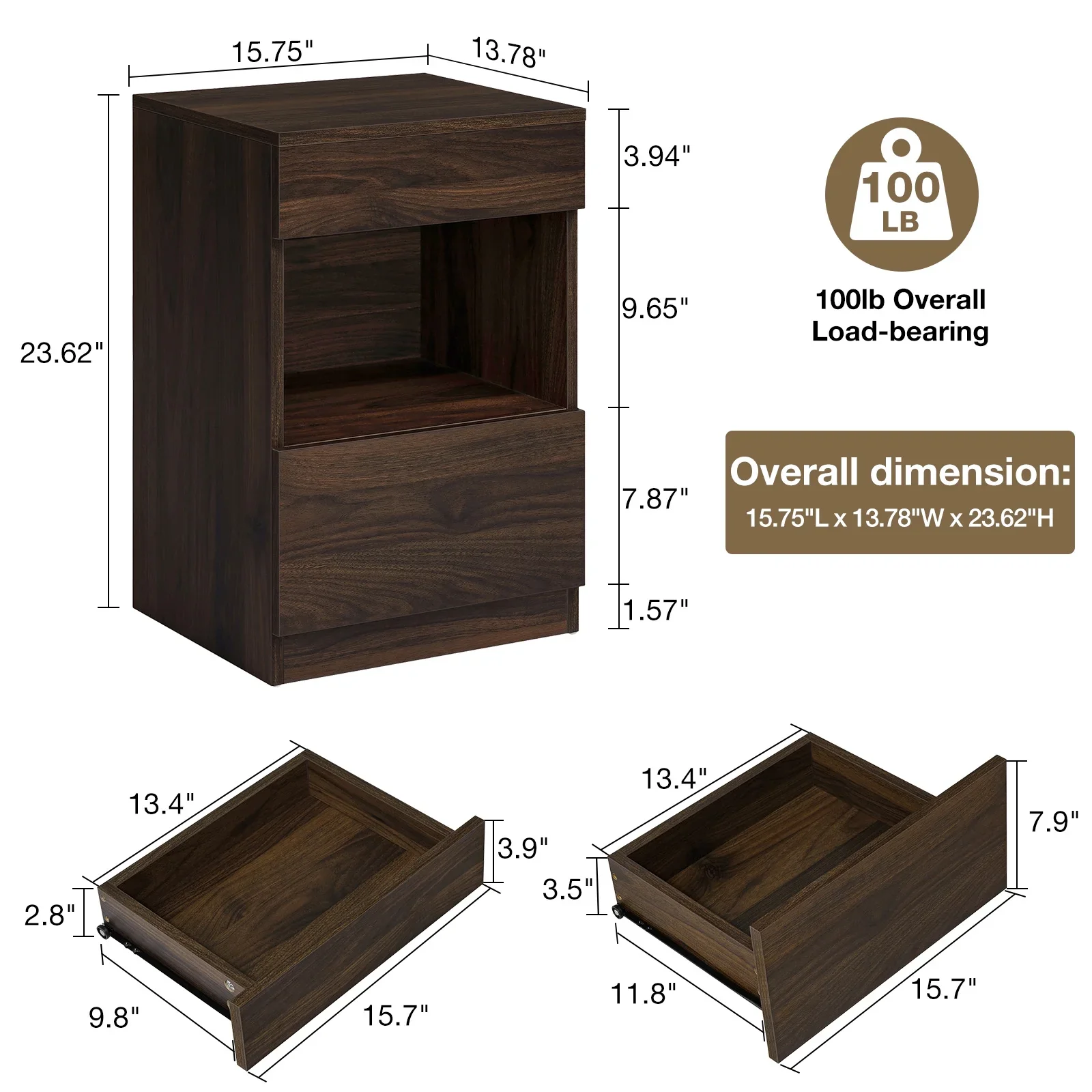 Hommpa Modern Nightstand with 2 Drawers and Open Shelf, Dark Walnut Brown Bedside Table with Storage - Image 3