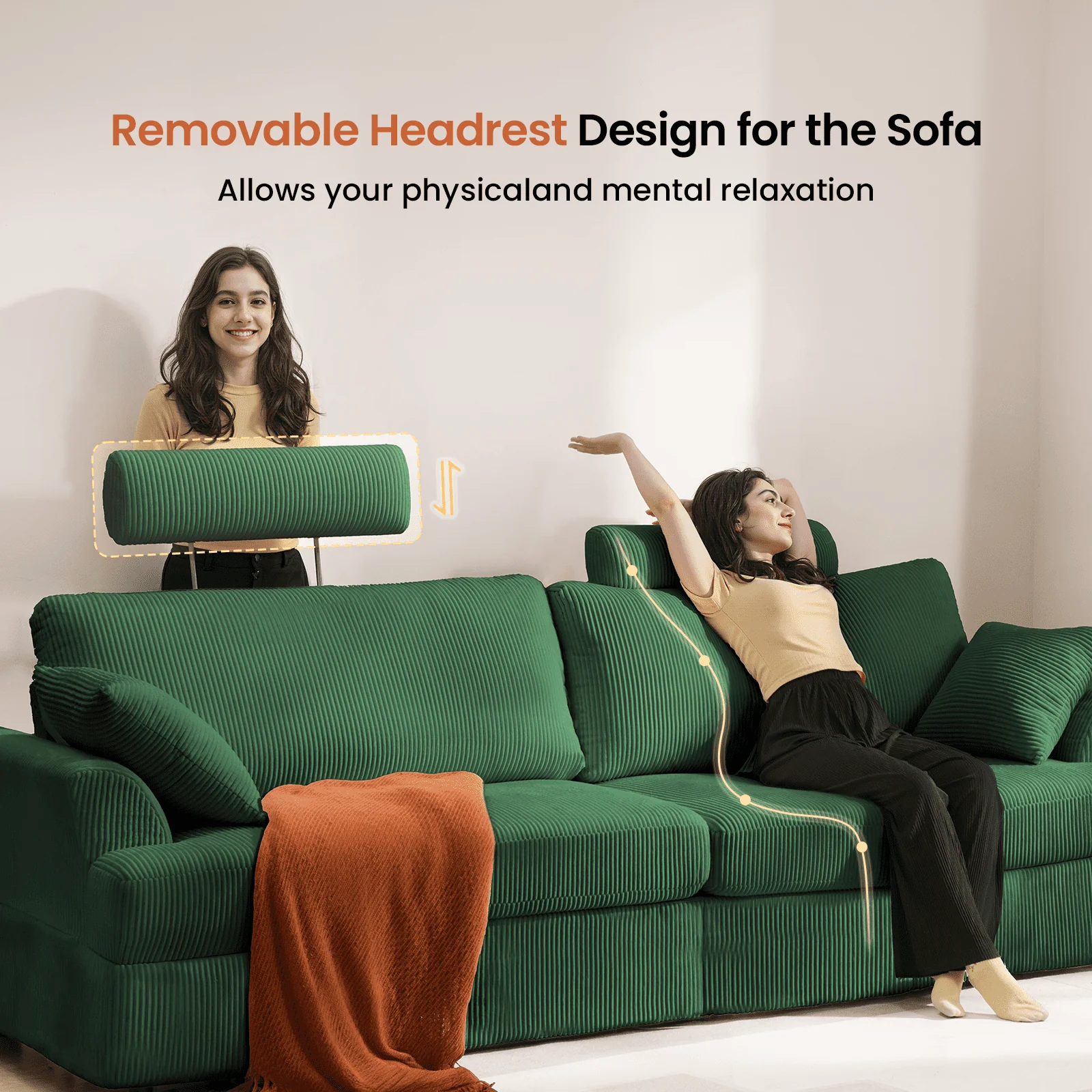 HOMSHADE Cloud Comfy Sofa Couch, 87" Three-Seater, Deep 21" Seat, Green Corduroy Upholstery, Curved Pillow Armrests with Headrests, LMJSF05-H-Green - Image 4