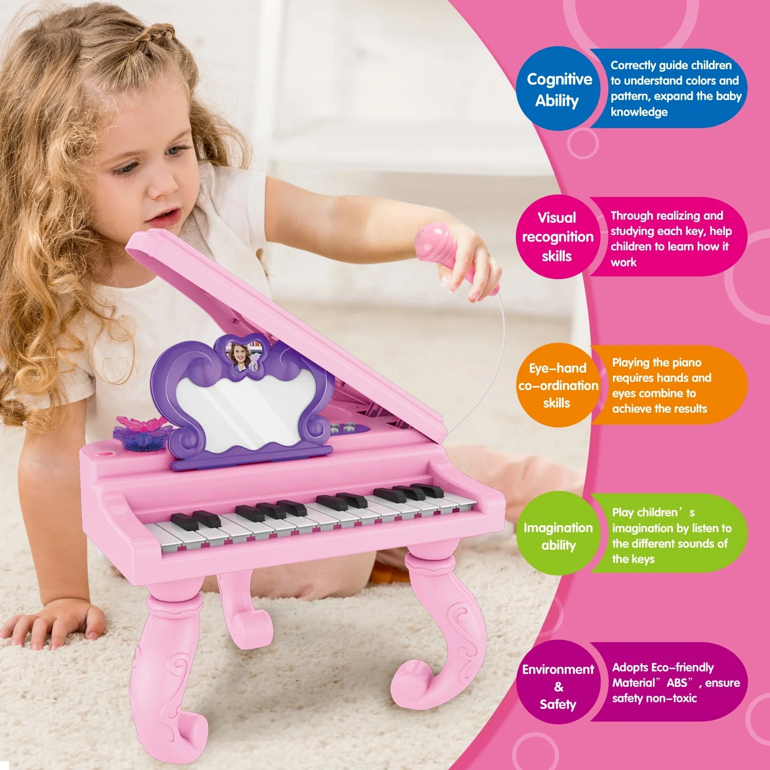 Hot Bee J73-03 25-Key Butterfly Mirror Piano Toy with Microphone, Pink, for Toddlers and Kids - Image 4