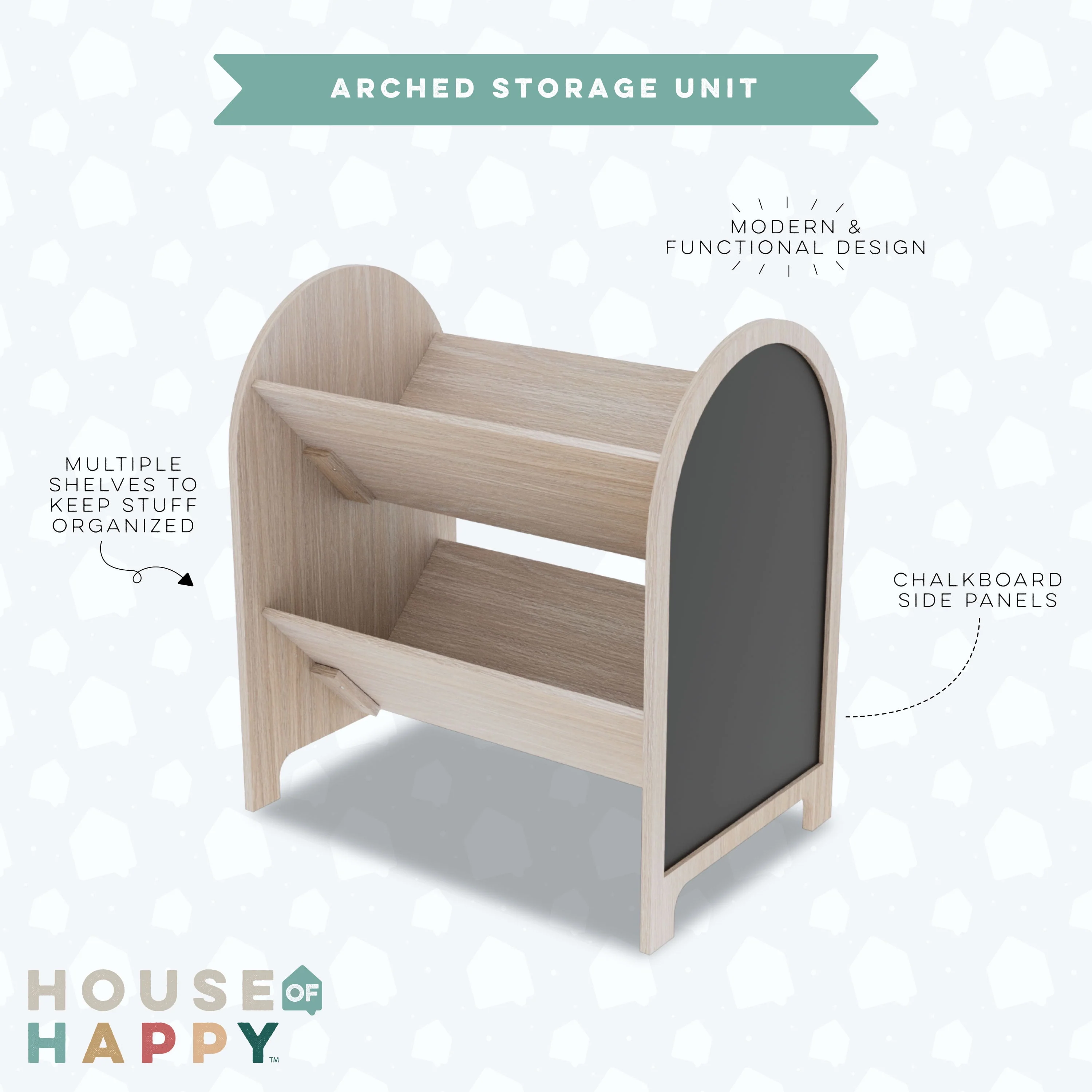 House of Happy Arched Storage Unit with Built-In Chalkboard, Natural Finish, Two-Tier Bookshelf - Image 5