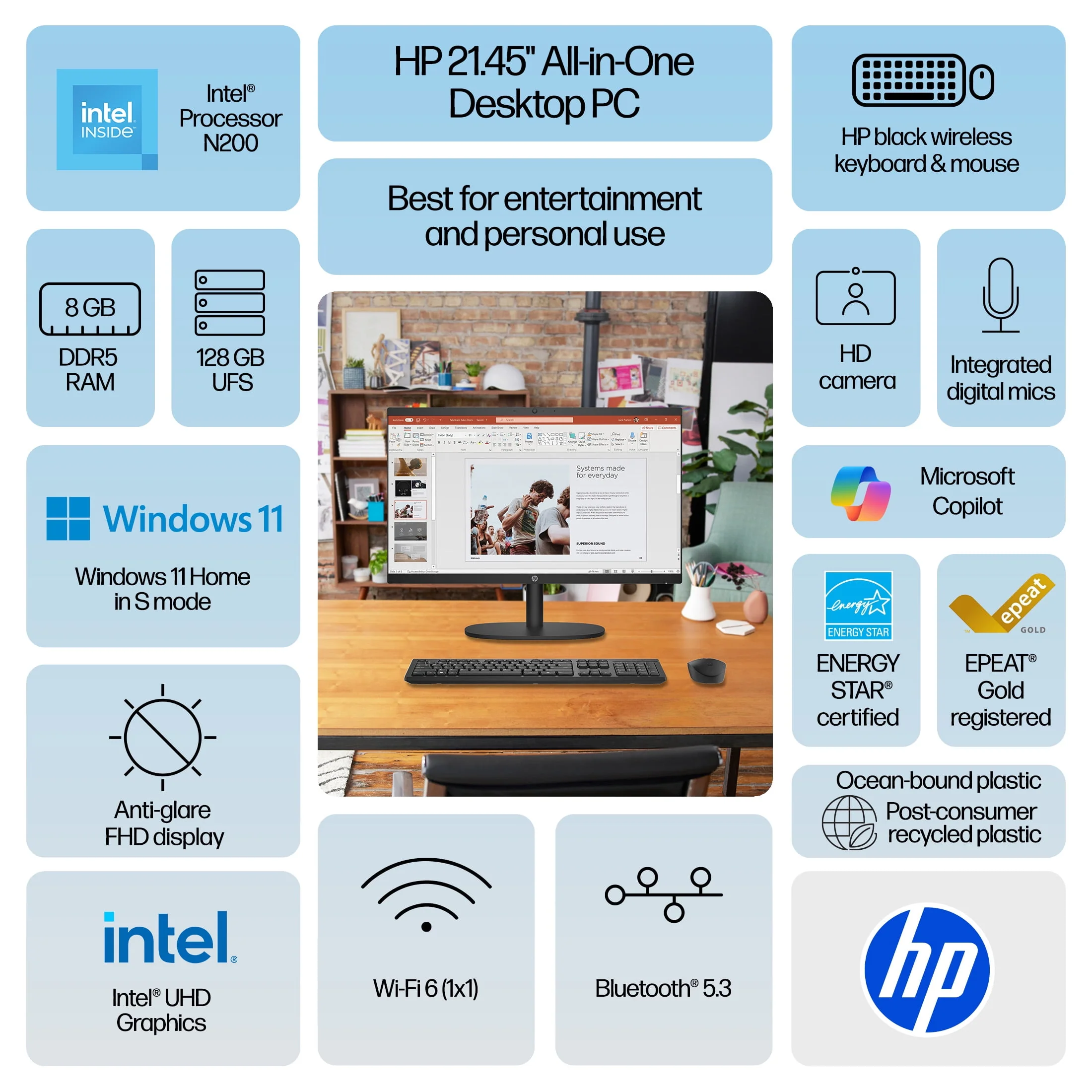 HP 22-dg0033w All-in-One 21.45" FHD N200 1GHz Intel UHD Graphics 8GB RAM 128GB SSD Win 11 Home Jet Black - Image 3