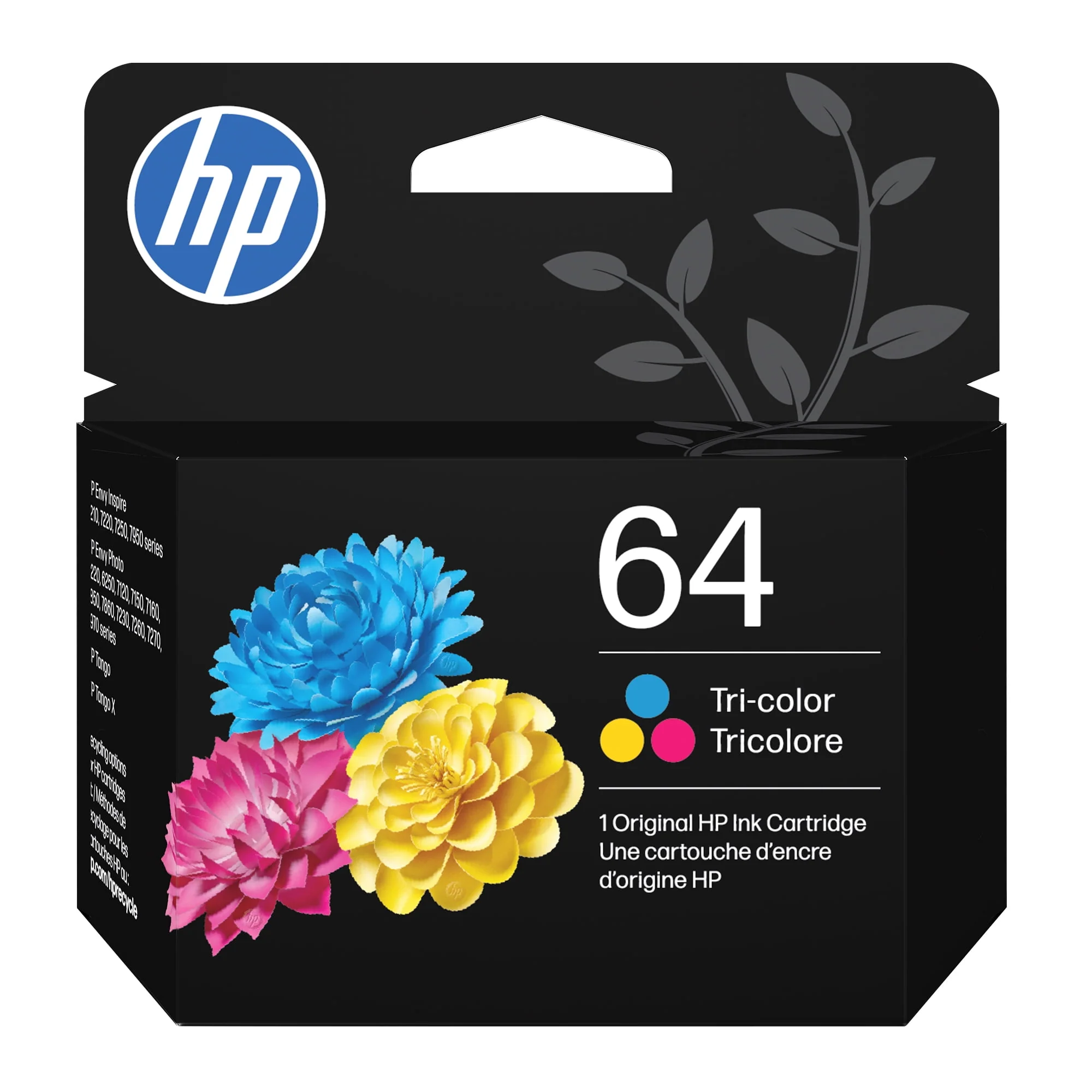 HP 64 Tri-Color Original Ink Cartridge, Vibrant Cyan Magenta Yellow, 165 Page Yield, N9J89AN#RFD