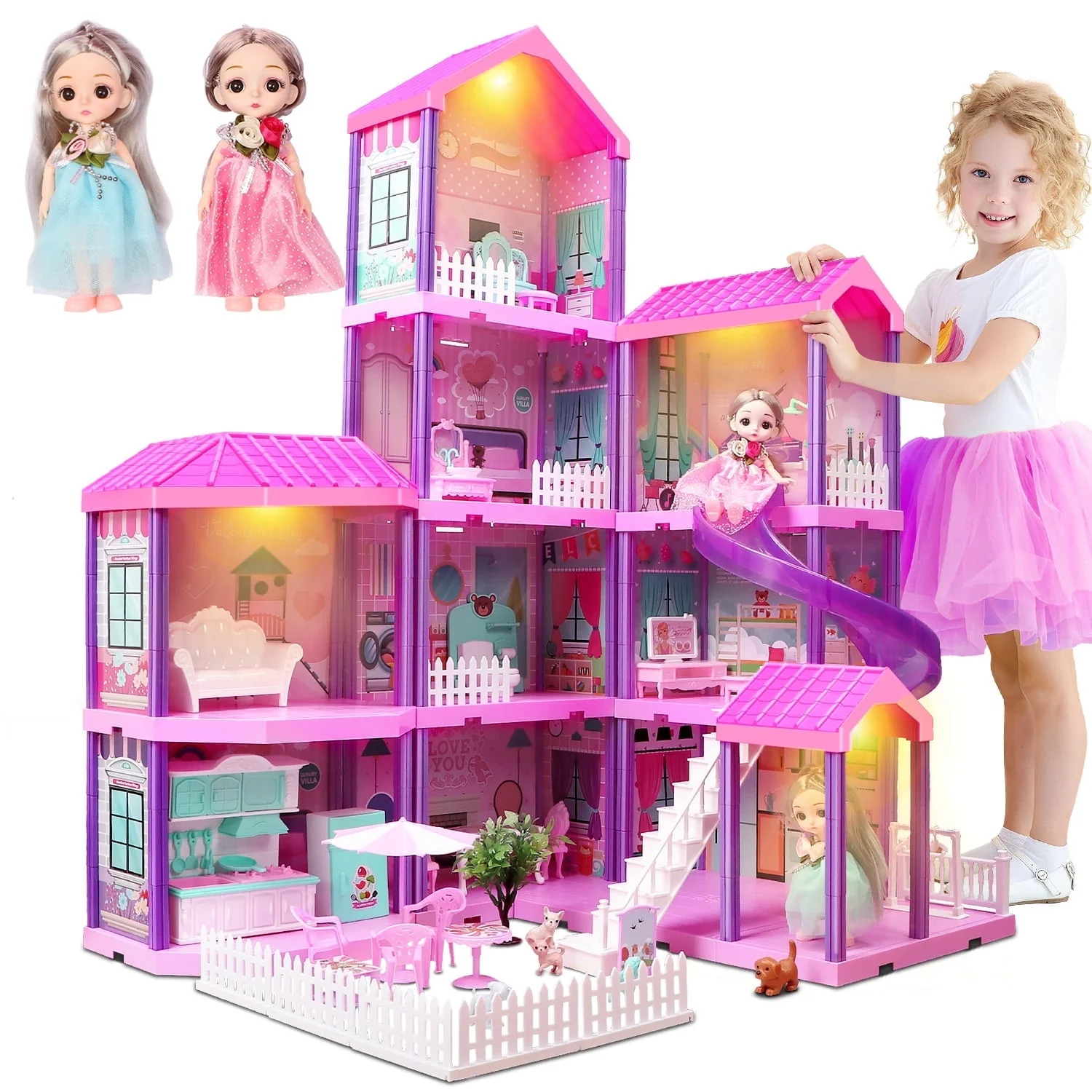 Huge Wave Dollhouse Playset, 36 Inch Four-Story, 11 Large Furnished Rooms, Pink, Includes Articulated Doll Figures and Warm Lighting, 19011-1A