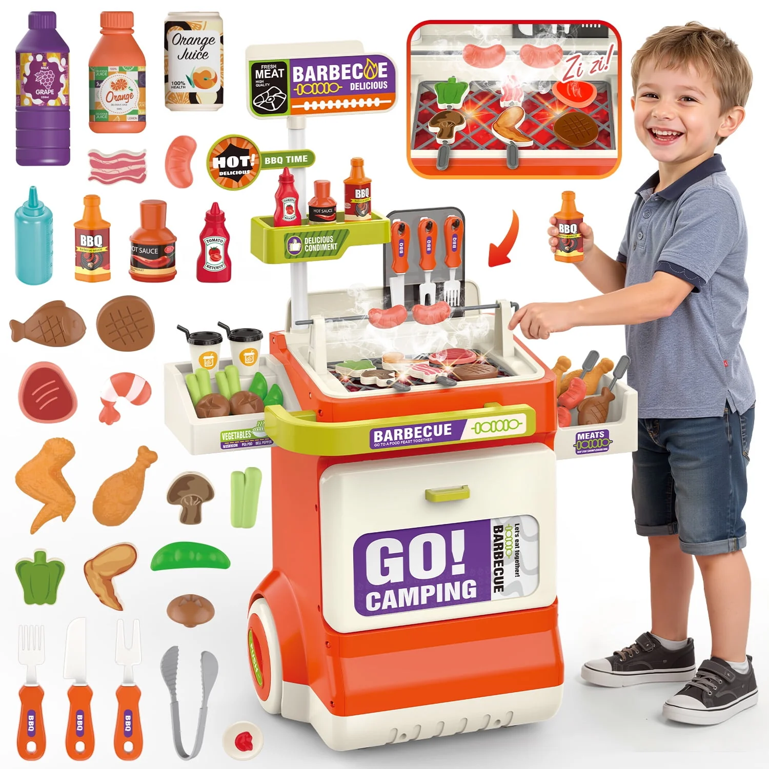 Huge Wave 51PCS Kids BBQ Grill Playset, Pretend Play Kitchen Cooking Toy with Smoke, Sound & Light