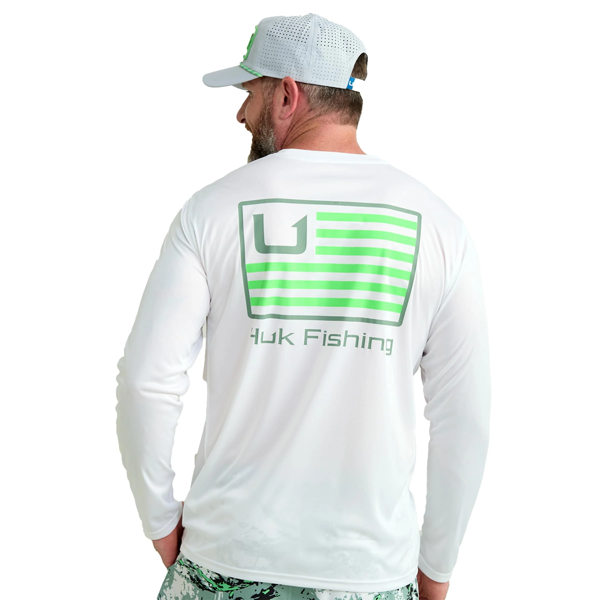 Huk Pursuit Huk and Bars Crew-Neck Long-Sleeve Shirt for Men - White - L