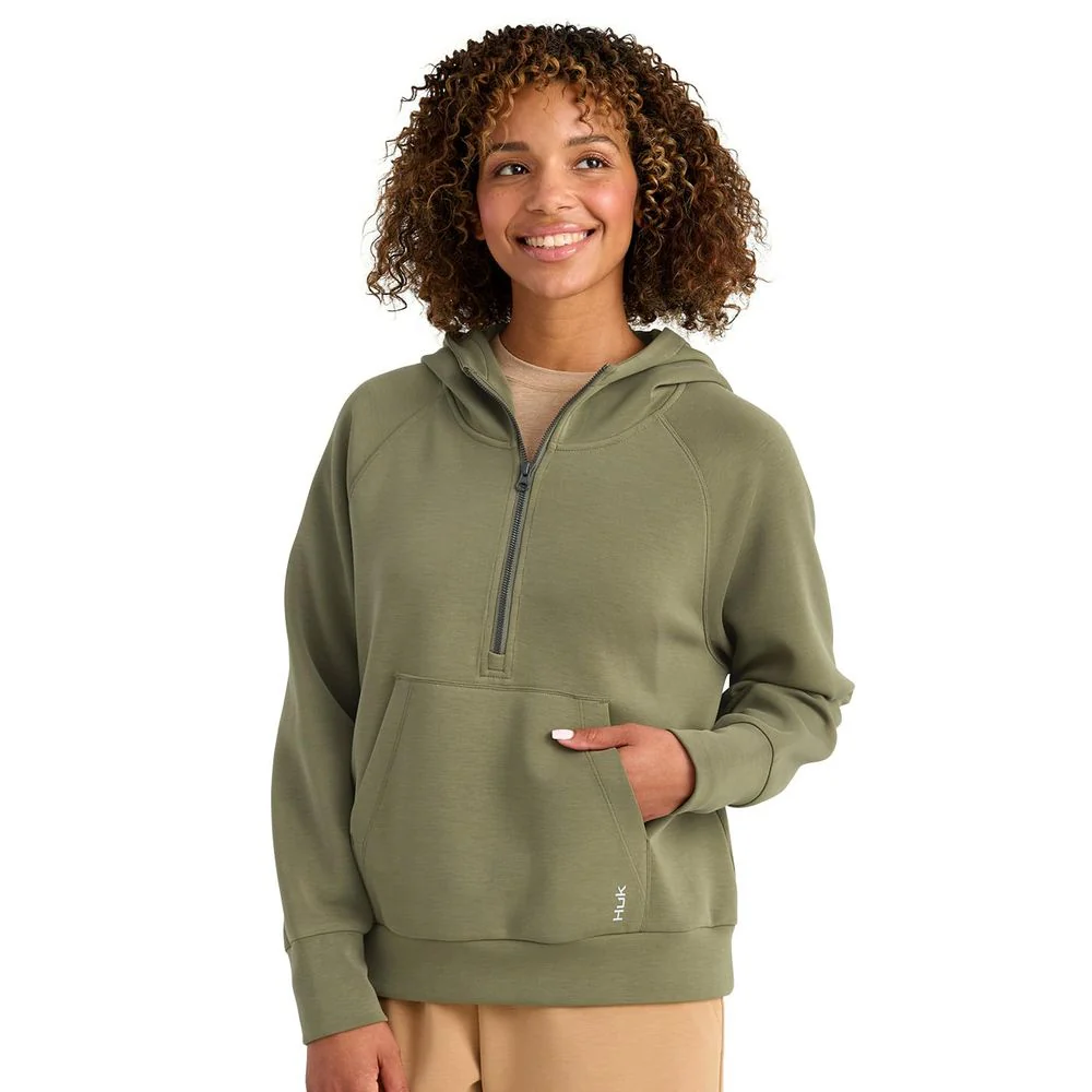 HUK Women's Bayside 1/2 Zip Hoodie, Super Soft Spacer Knit Fabric, Oversized Fit, Kangaroo Pocket, Moss, H6130030