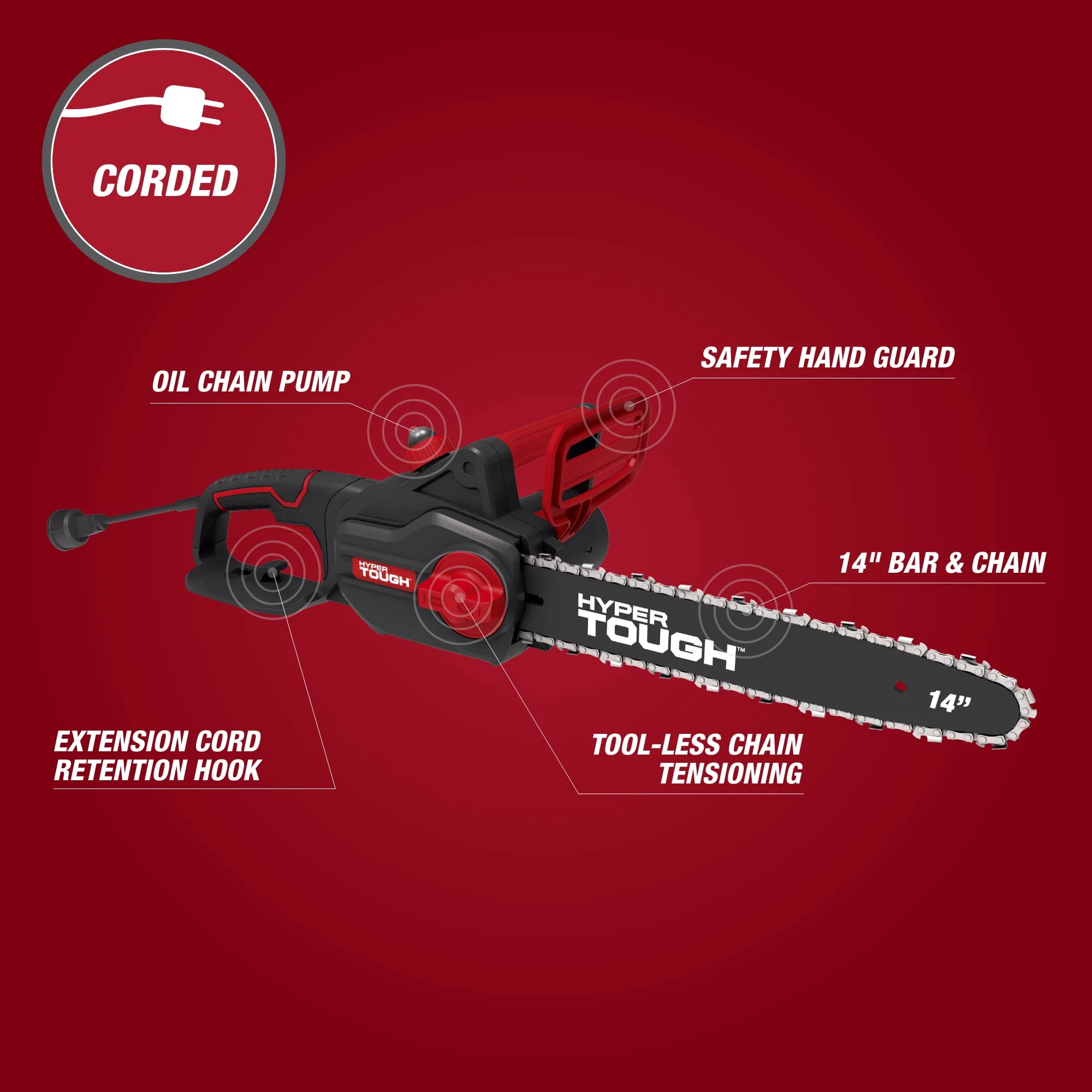 Hyper Tough 14 in Electric Corded Chainsaw, 9-Amp Motor, Laminated Bar, Semi-Skip Chain, Tool-Less Tensioning, Built-In Oil Pump, Top Handle, 7 lb, HY160855821603 - Image 5