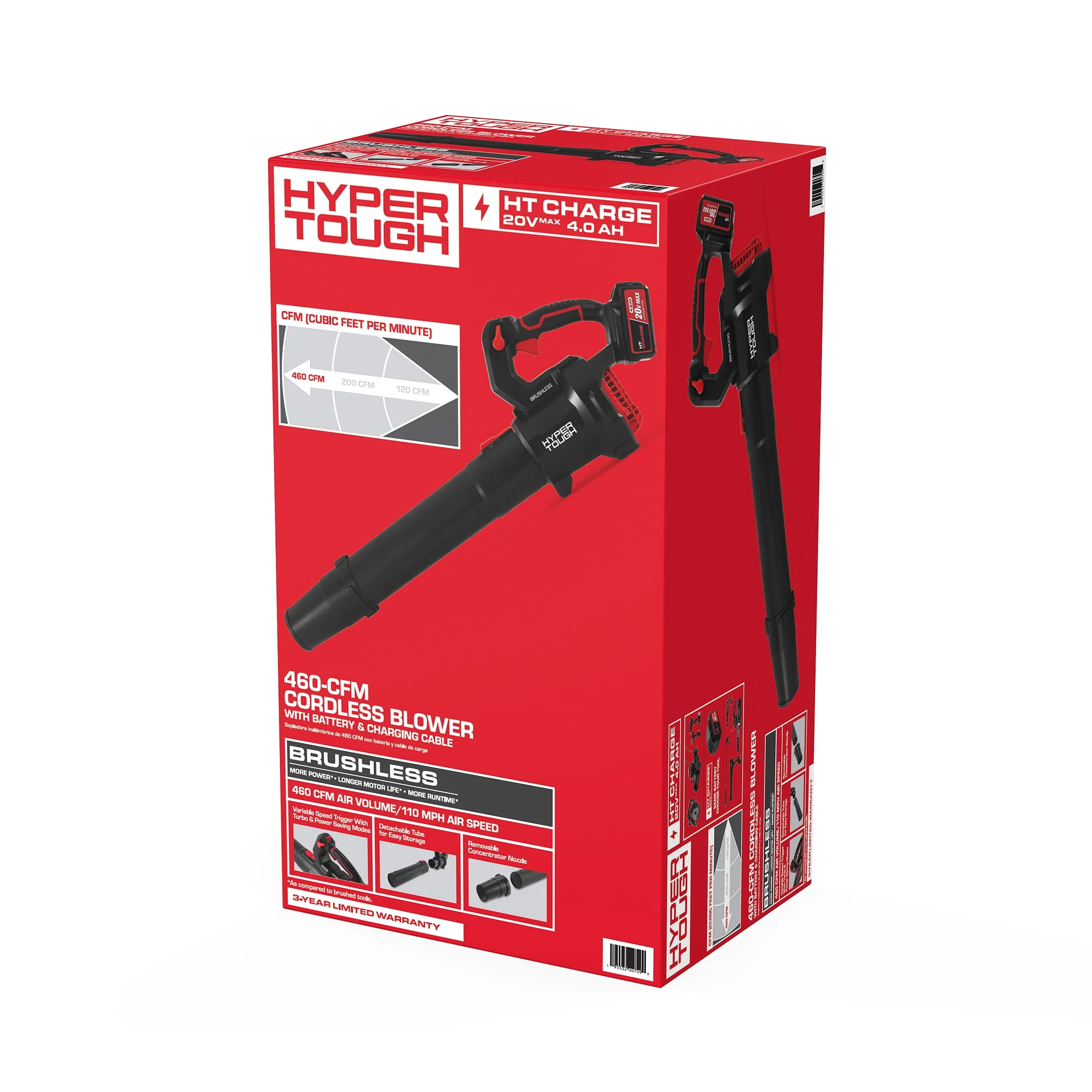 Hyper Tough 20V Brushless Cordless Leaf Blower, 460 CFM, 110 MPH, 4.0Ah Battery, Charging Cable - Image 2