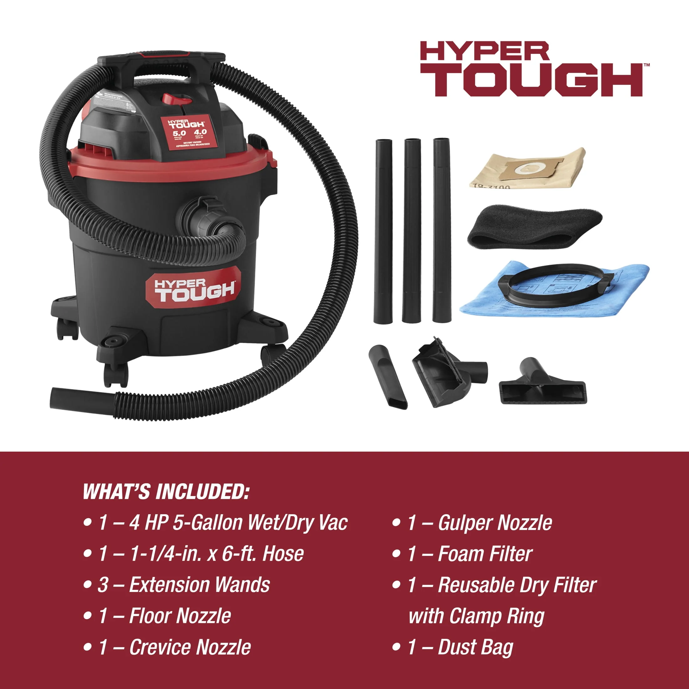 Hyper Tough 5 Gallon 4 HP Wet Dry Vacuum, Lightweight, 12 ft Cord and Hose, Multiple Attachments, AT18419P-5A - Image 4