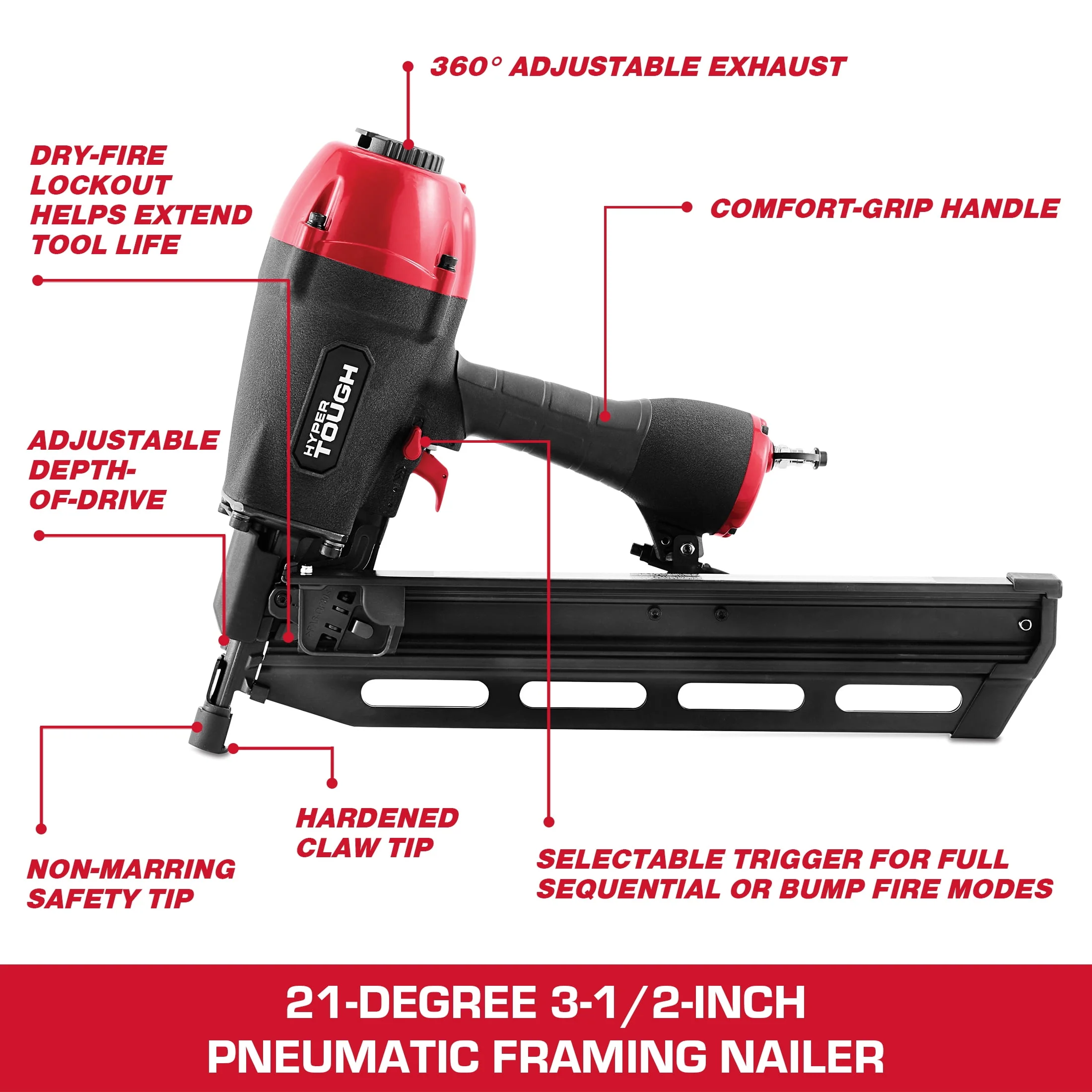 Hyper Tough FN2190V Pneumatic 21-Degree Framing Nailer, Accepts 2 to 3-1/2 Inch Plastic Collated Full Round Head Nails, Adjustable Depth, Ergonomic Grip - Image 4