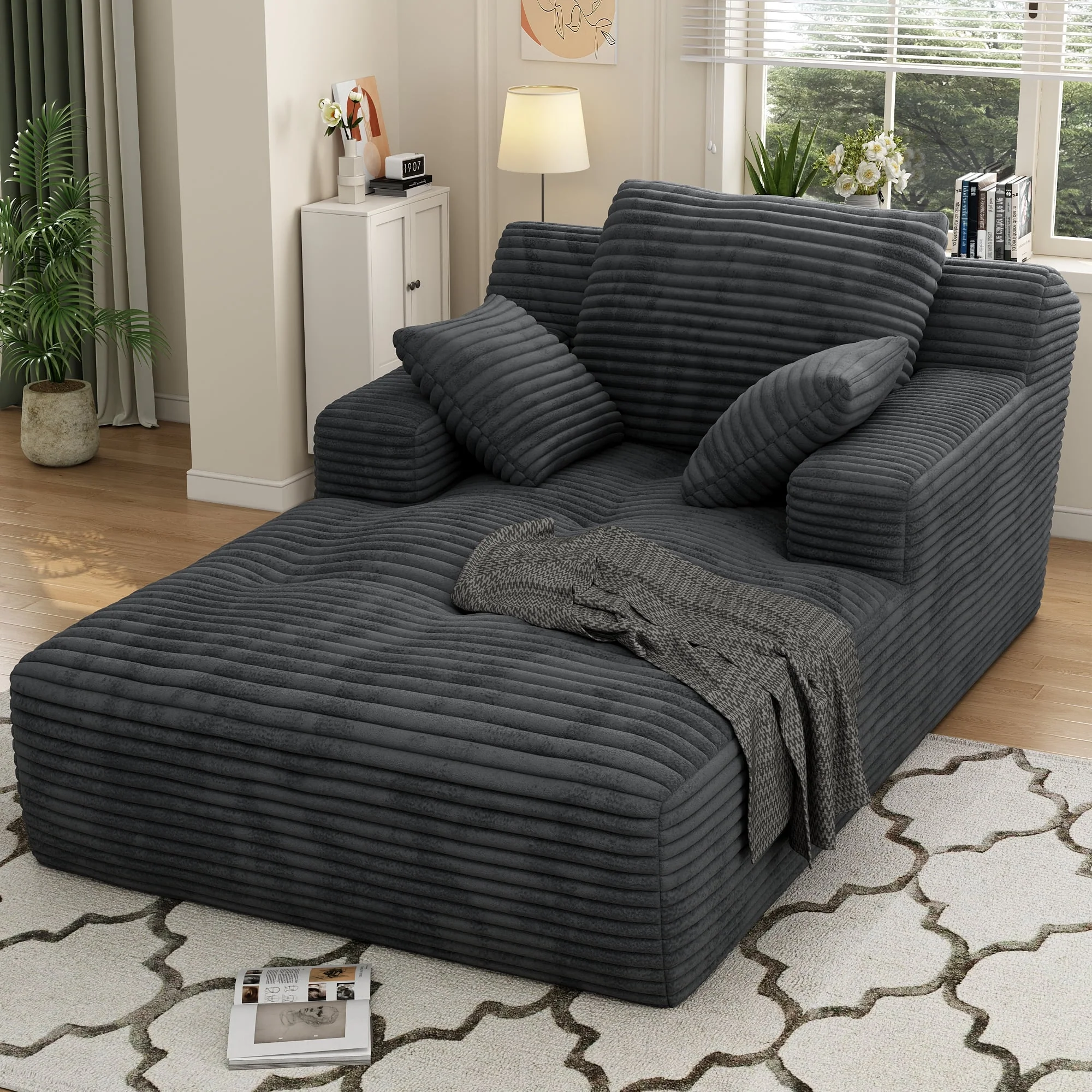IDEALSOUL Oversized Chaise Lounge Chair, Cloud Plush Corduroy Upholstered Sofa Bed, Modern Deep Seat with Back Cushions and Pillows, Green, 67x46 in