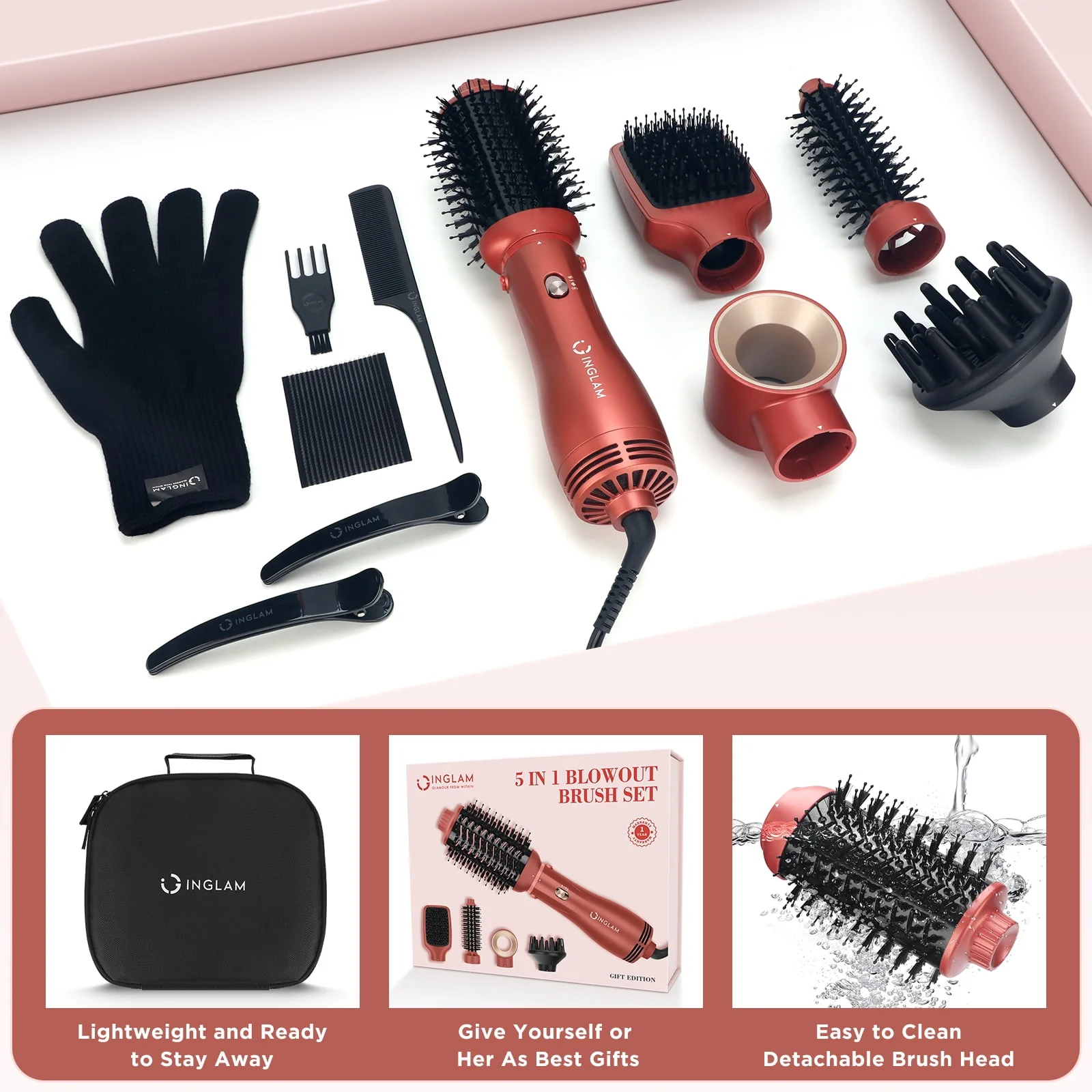 IG INGLAM AB0329-5P 5 in 1 Hair Dryer Brush Blow Dryer Brush for Women, Copper Red - Image 6