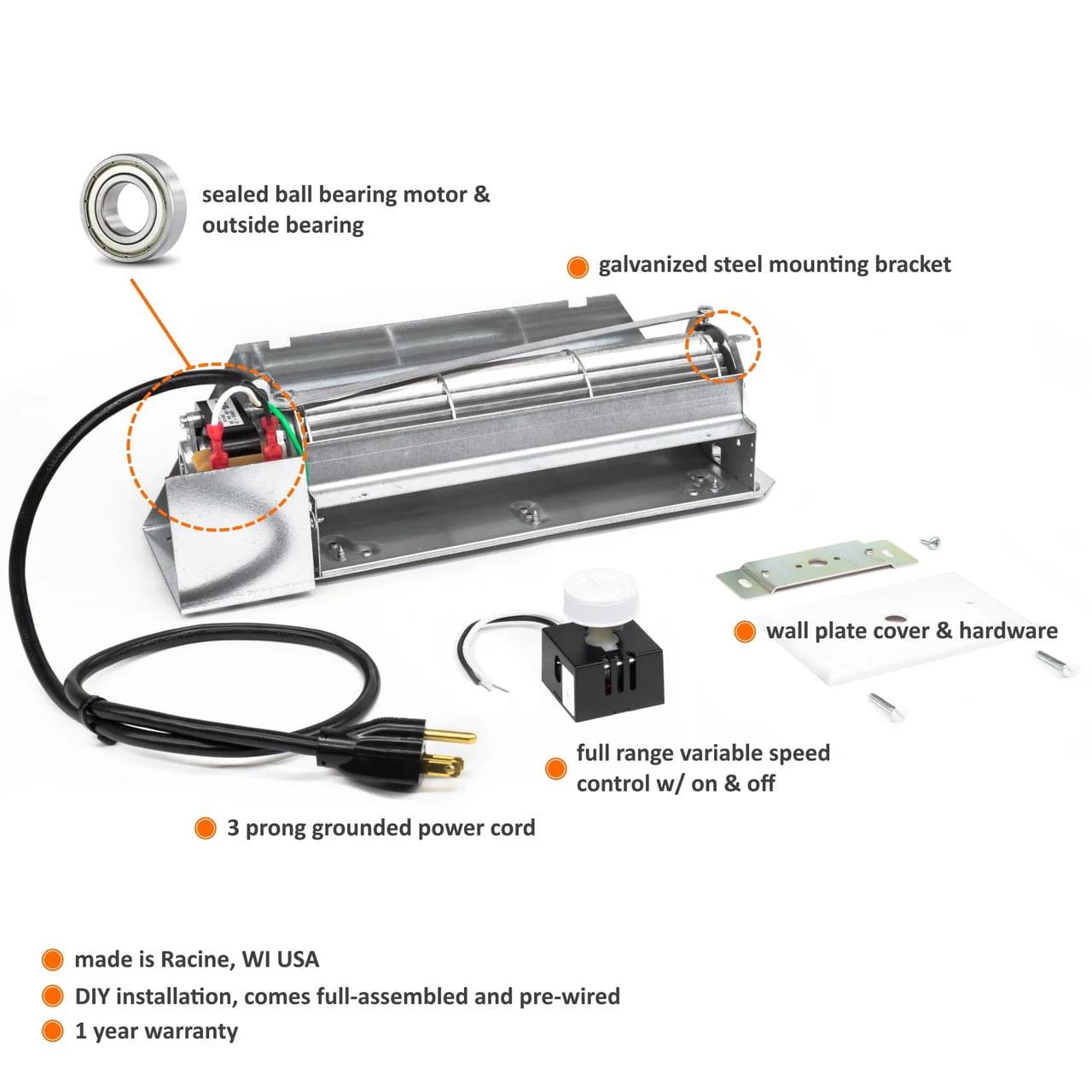 IHP FBK-200 Fireplace Blower Kit, 130 CFM Ball Bearing Motor, Variable Speed Controller, White Single Cover Plate - Image 3