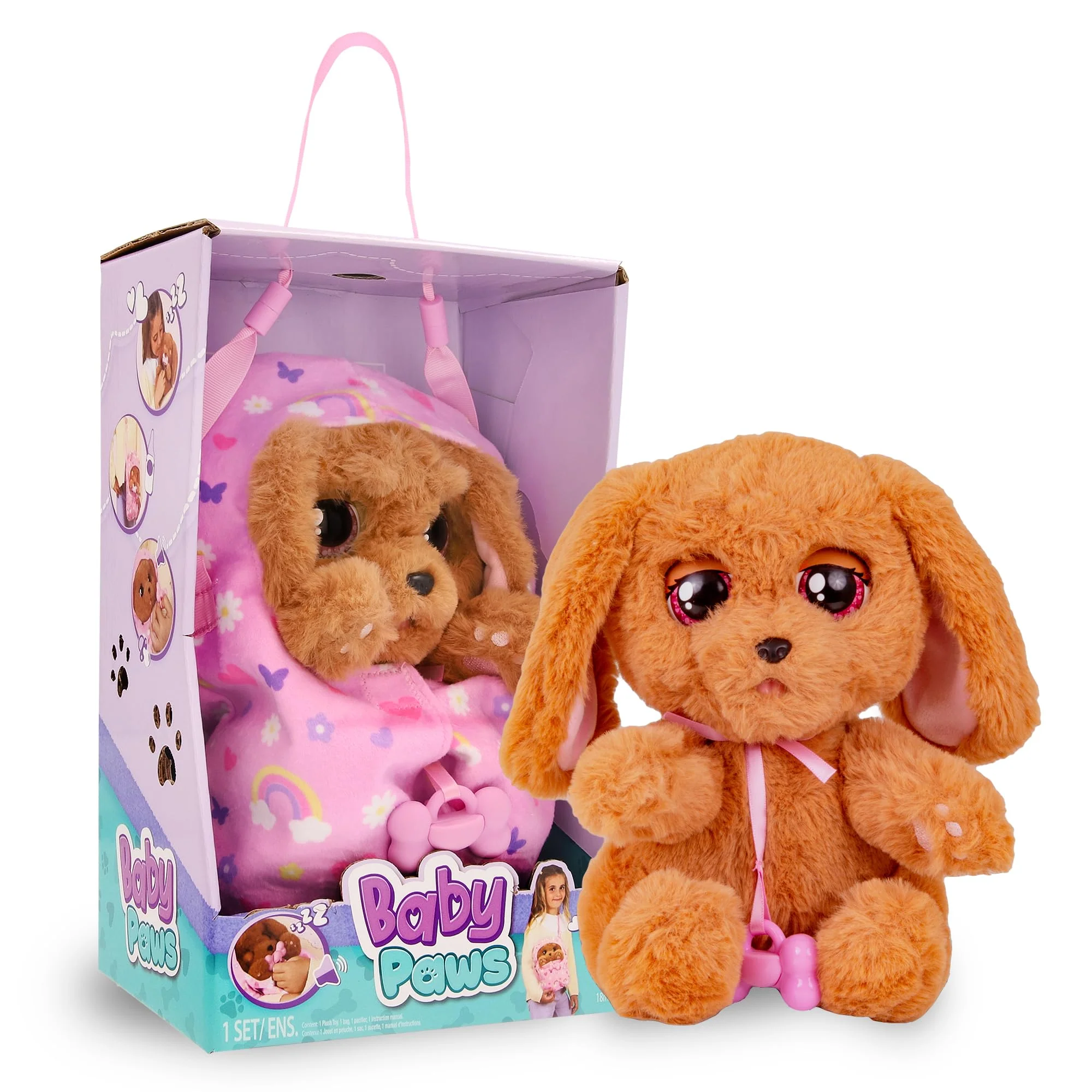 IMC Toys Baby Paws Cocker Spaniel Puppy Plush Toy with 5 Sounds, Personalized Pacifier, Swaddle Bag, Brown