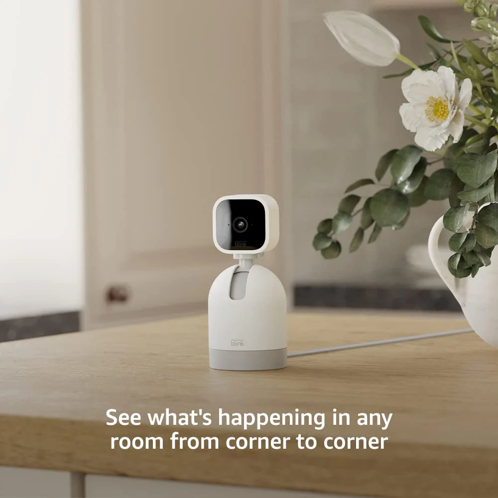 Immedia Blink Mini Pan-Tilt Indoor Wired 1080P Security Camera, White, Two-Way Audio, Motion Detection, Alexa Compatible