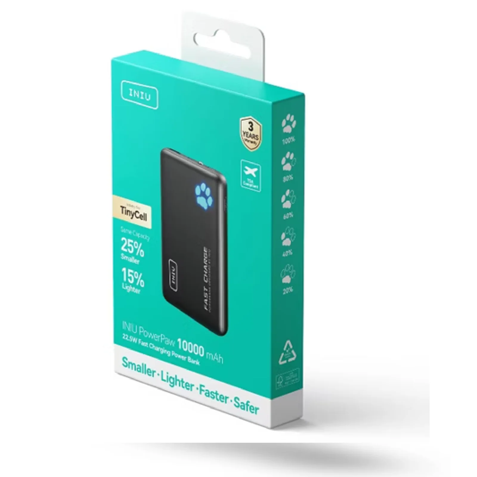 INIU 94682198 PowerPaw 10000mAh Portable Charger, Slim Lightweight Power Bank, 22.5W Fast Charging, Dual USB-C and USB-A Ports, Black - Image 3