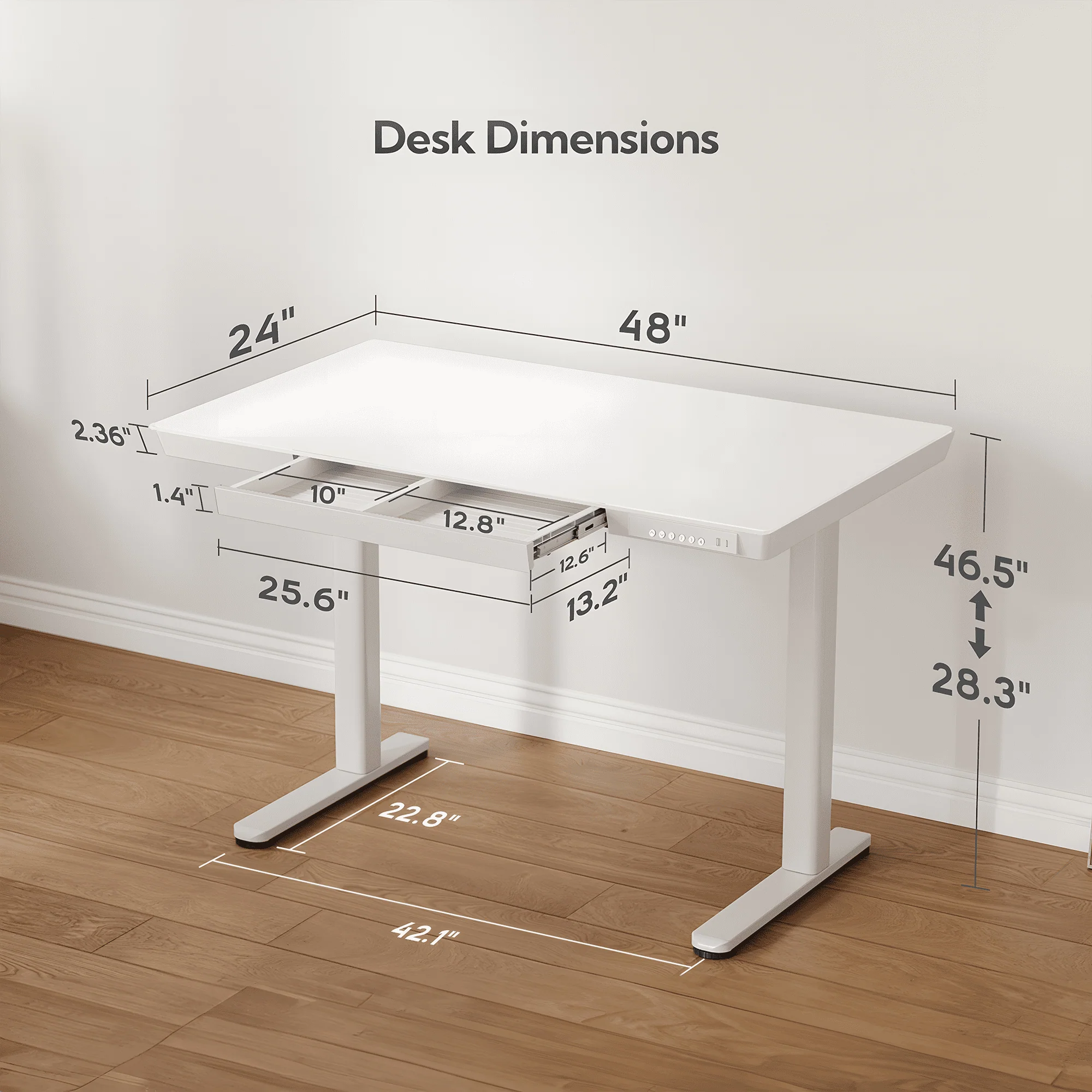 Innovar Glass Standing Desk with Electric Height Adjustment, Tempered Glass Top, Built-In Drawer, USB and Type-C Ports, White, 48x24 in, W-IV-SD-BJC - Image 3