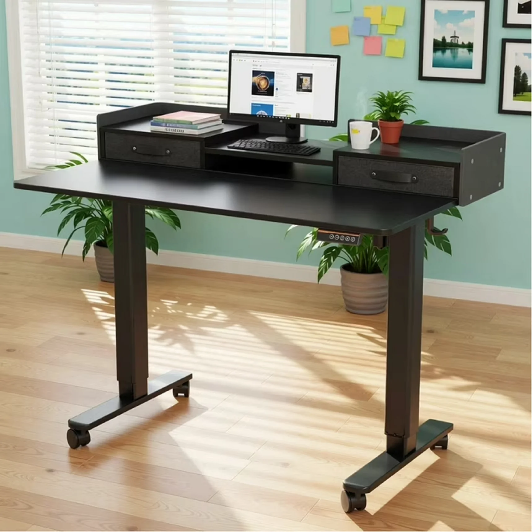INNOVAR W-IV-SD-JZSS 48 inch Electric Standing Desk with 2 Drawers, Black - Image 2
