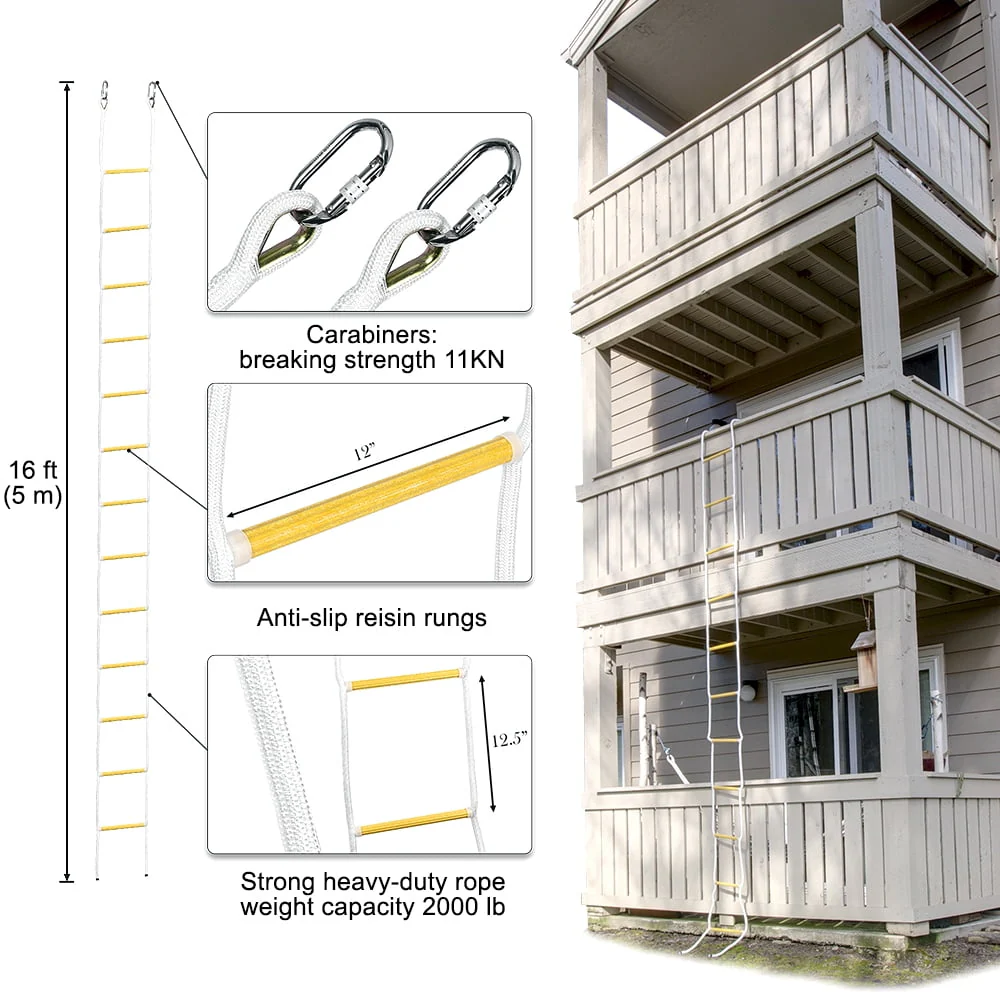 ISOP 16 Outdoor Climbing Rope Ladder, 25 Ft, Portable Fire Escape Ladder, White, Supports Up to 2000 lb - Image 6