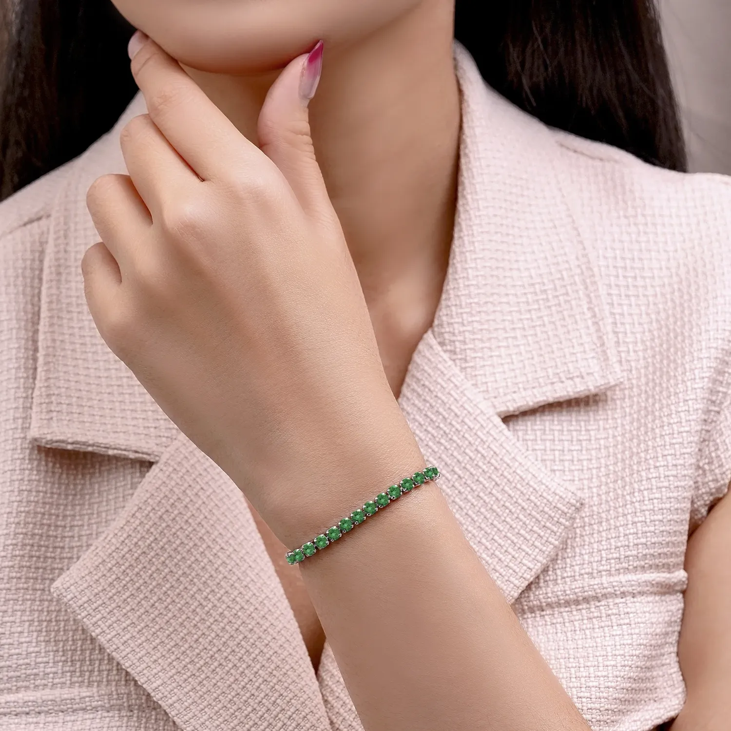JeenMata RHJGJ932CzmnMay11 11 TCW Round Cut May - Emerald - Birthstone Tennis Bracelet for Women in Eternity Design - White Gold Plating Female Adult - Image 3