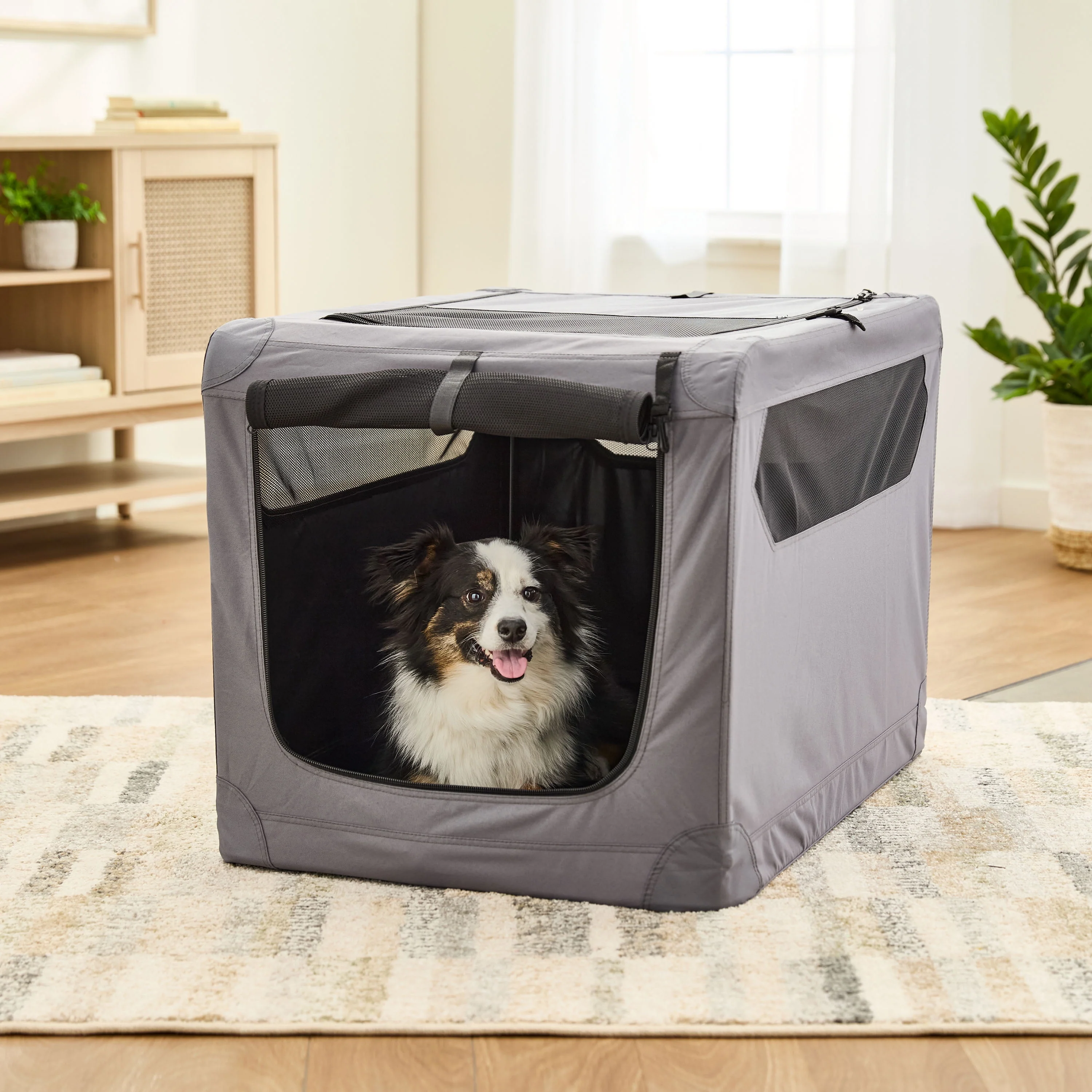 Vibrant Life Dog Crate, Foldable, Soft Sided, Breathable Mesh, 3 Zippered Doors, Gray, 36" - Image 2