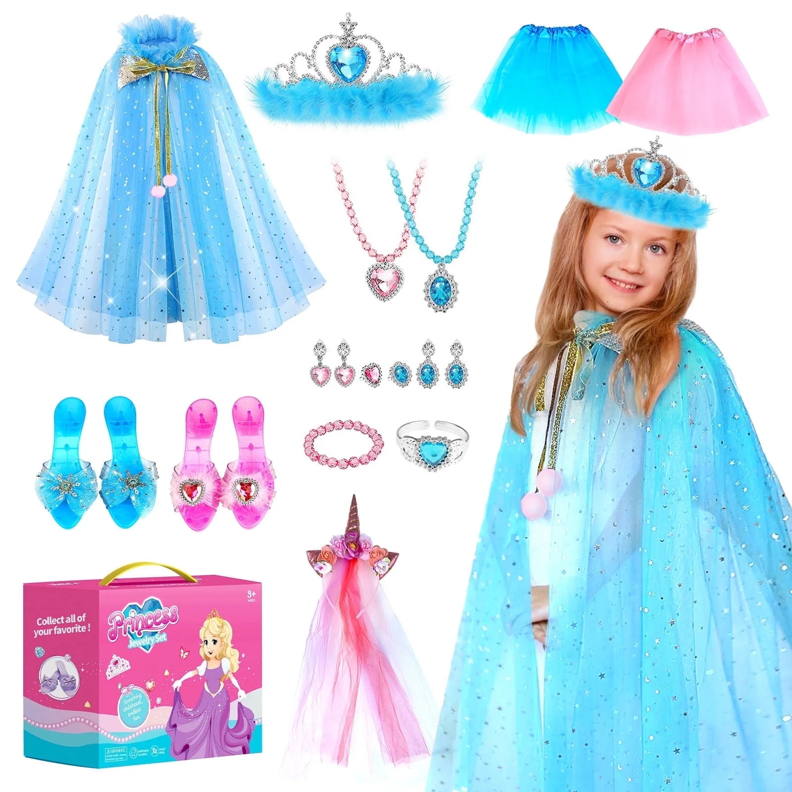 Jiayue Toys Factory JY3412 Double Girls Princess Dress-Up Set with Unicorn Headband and Accessories, Blue and Pink