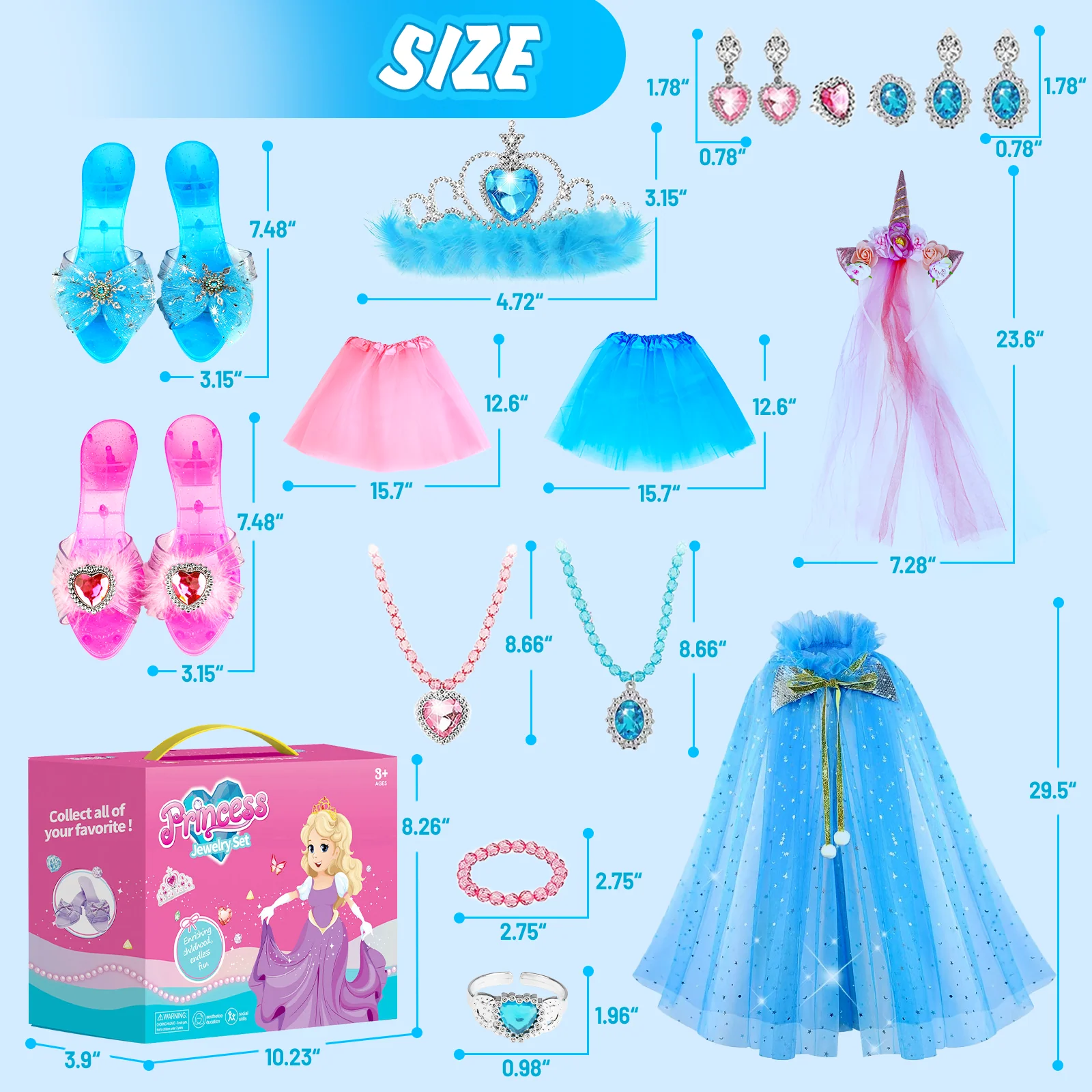 Jiayue Toys Factory JY3412 Double Girls Princess Dress-Up Set with Unicorn Headband and Accessories, Blue and Pink - Image 2