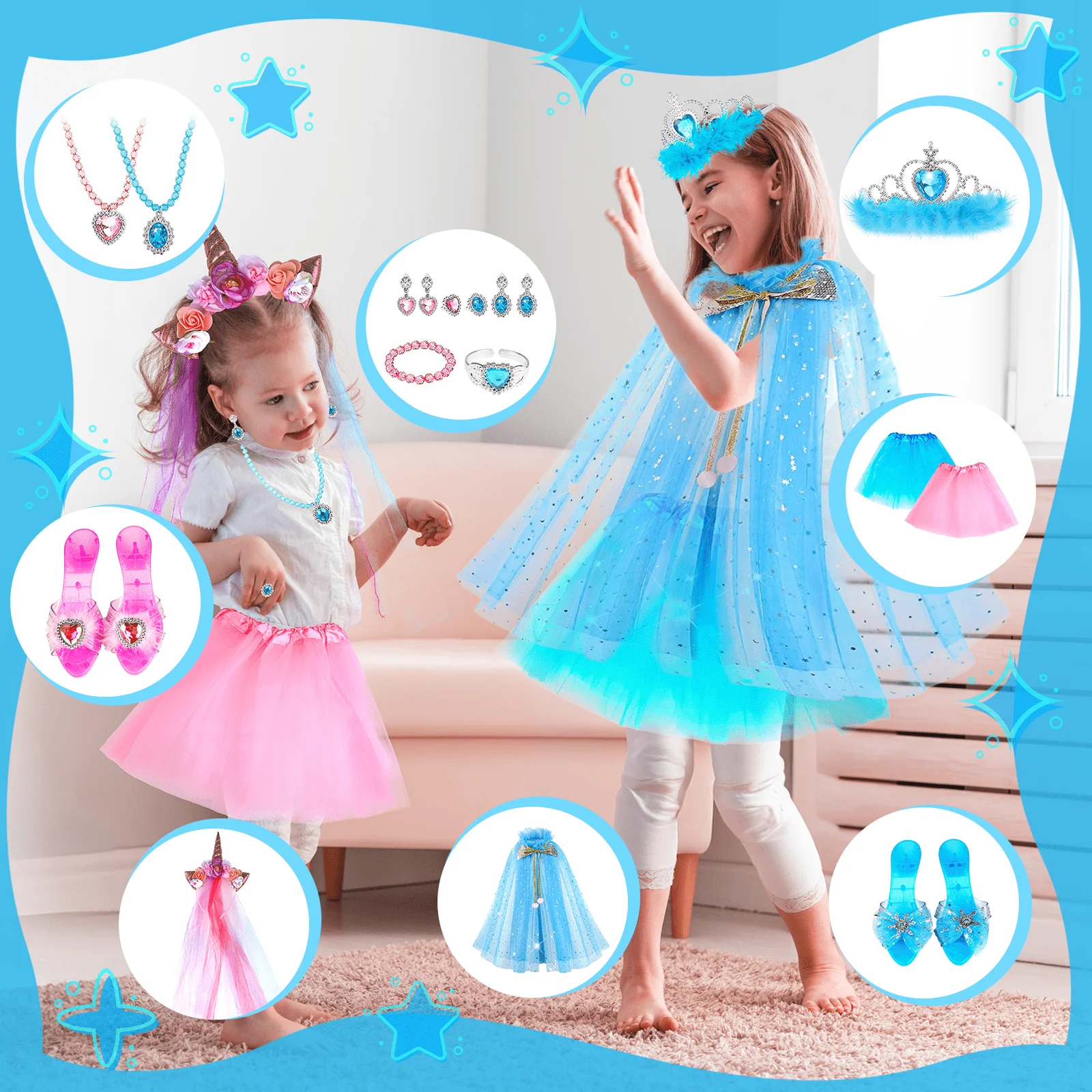 Jiayue Toys Factory JY3412 Double Girls Princess Dress-Up Set with Unicorn Headband and Accessories, Blue and Pink - Image 3