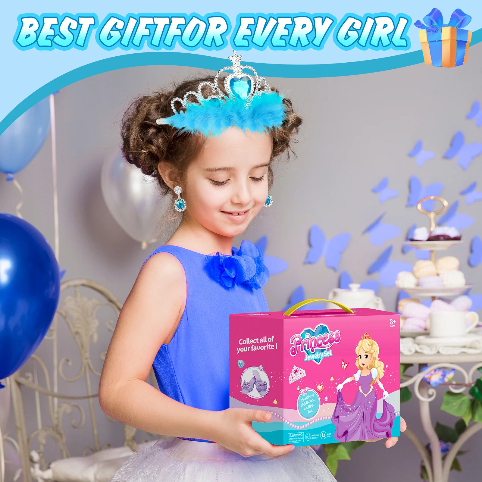 Jiayue Toys Factory JY3412 Double Girls Princess Dress-Up Set with Unicorn Headband and Accessories, Blue and Pink - Image 5