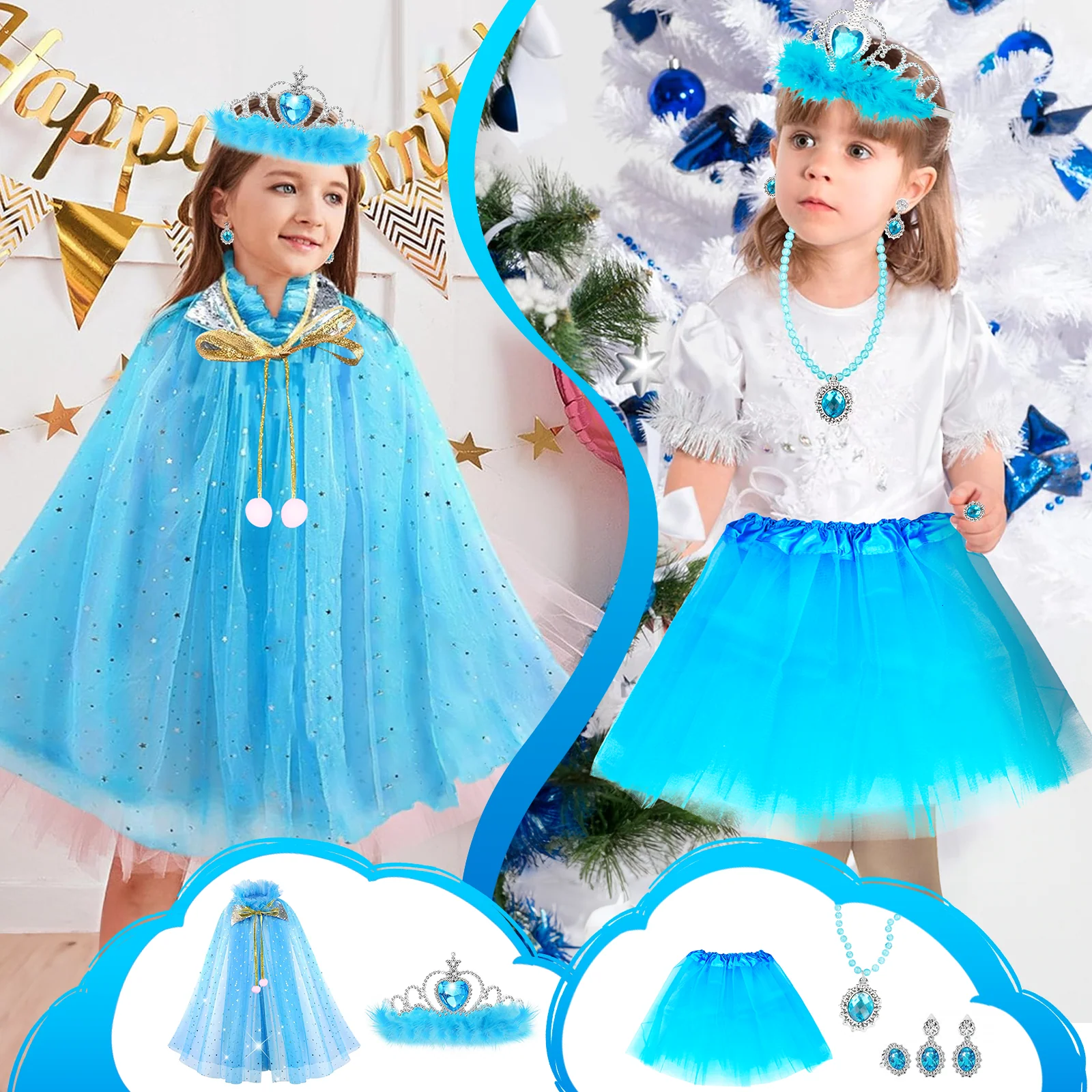 Jiayue Toys Factory JY3412 Double Girls Princess Dress-Up Set with Unicorn Headband and Accessories, Blue and Pink - Image 6