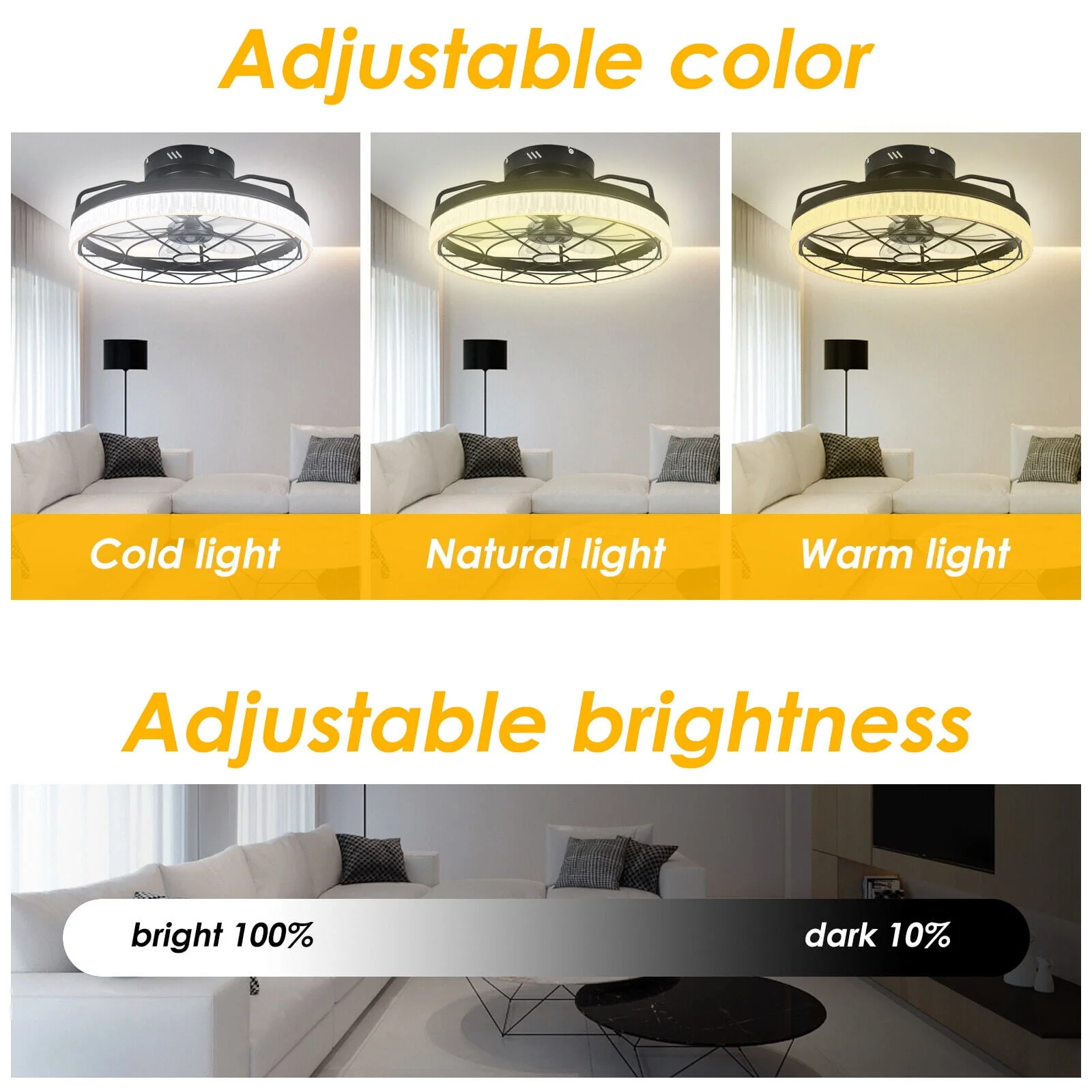 Jinyi 20in Small Caged Ceiling Fan with LED Light, Remote and App Control, Flush Mount Low Profile, 5 Enclosed Blades, 6 Wind Speeds - Image 2