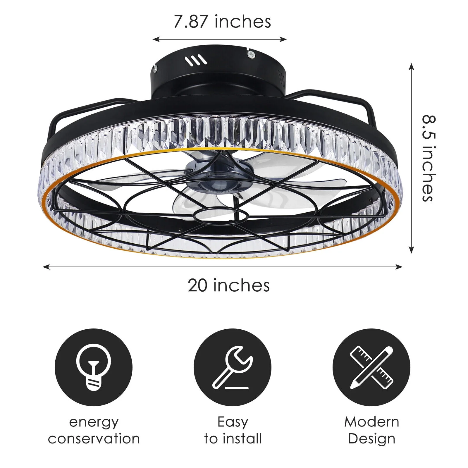 Jinyi 20in Small Caged Ceiling Fan with LED Light, Remote and App Control, Flush Mount Low Profile, 5 Enclosed Blades, 6 Wind Speeds - Image 3