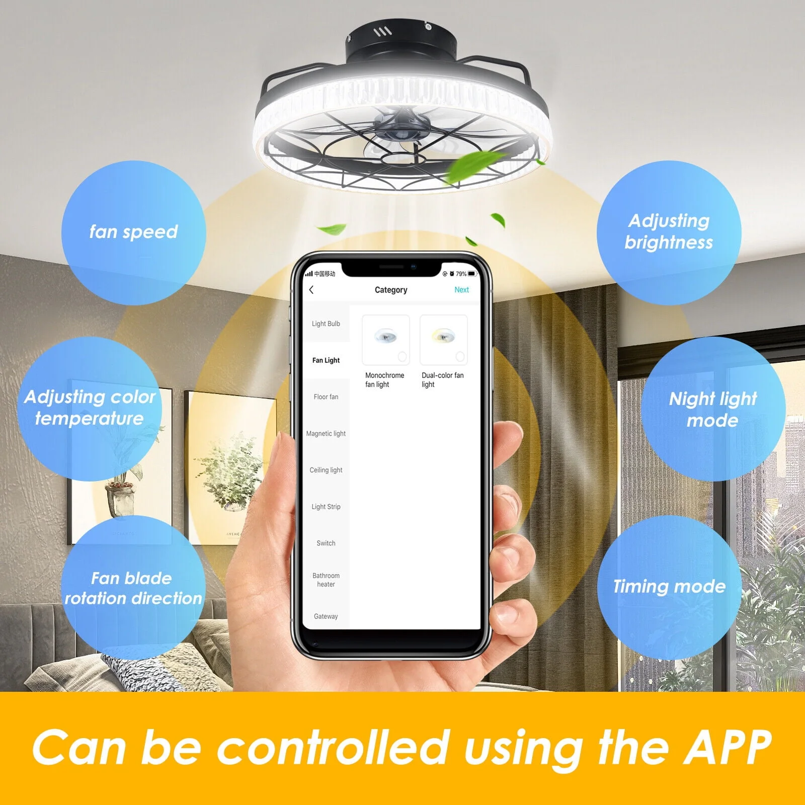 Jinyi 20in Small Caged Ceiling Fan with LED Light, Remote and App Control, Flush Mount Low Profile, 5 Enclosed Blades, 6 Wind Speeds - Image 4