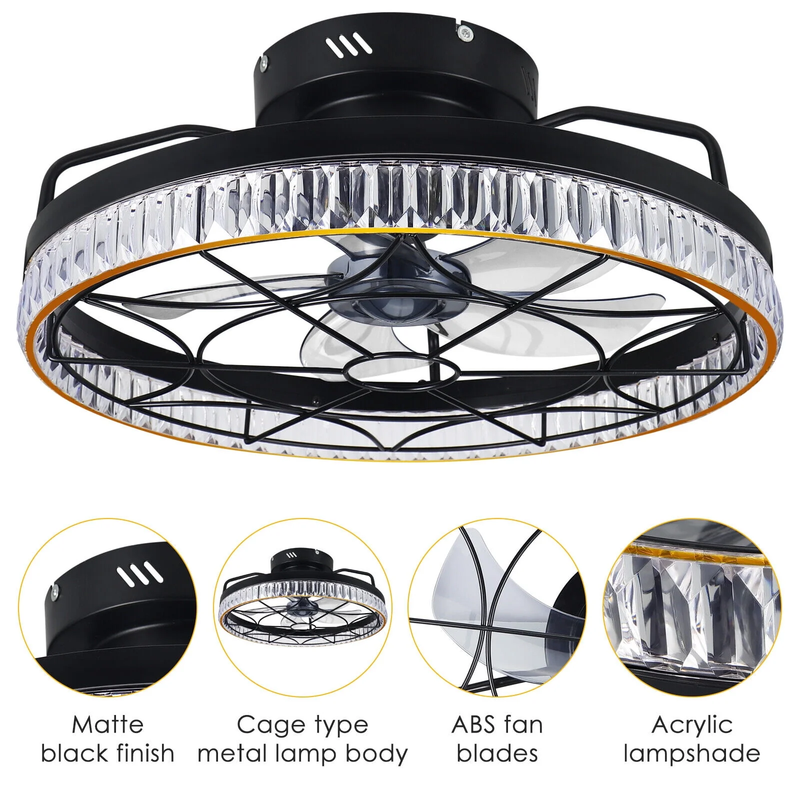 Jinyi 20in Small Caged Ceiling Fan with LED Light, Remote and App Control, Flush Mount Low Profile, 5 Enclosed Blades, 6 Wind Speeds - Image 6