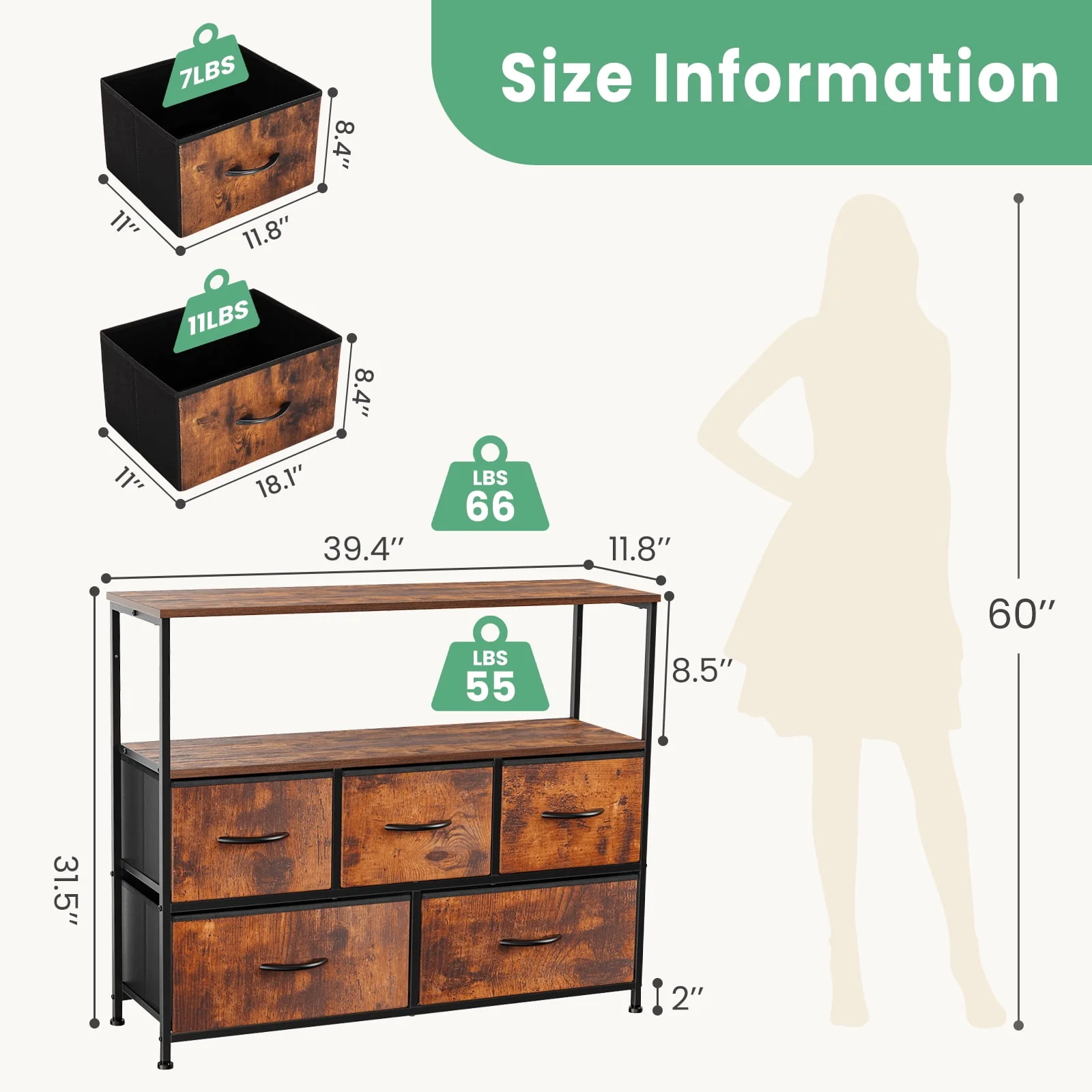 JIOABL TV Cabinet Stand with 5 Fabric Drawers, Adjustable Feet, Rustic Brown - Image 5