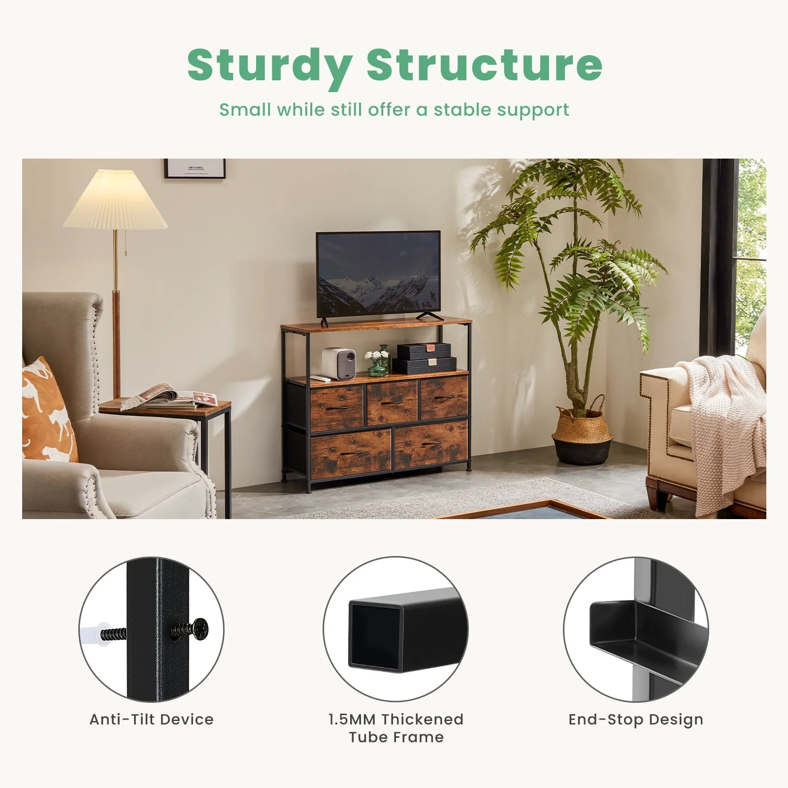 JIOABL TV Cabinet Stand with 5 Fabric Drawers, Adjustable Feet, Rustic Brown - Image 7