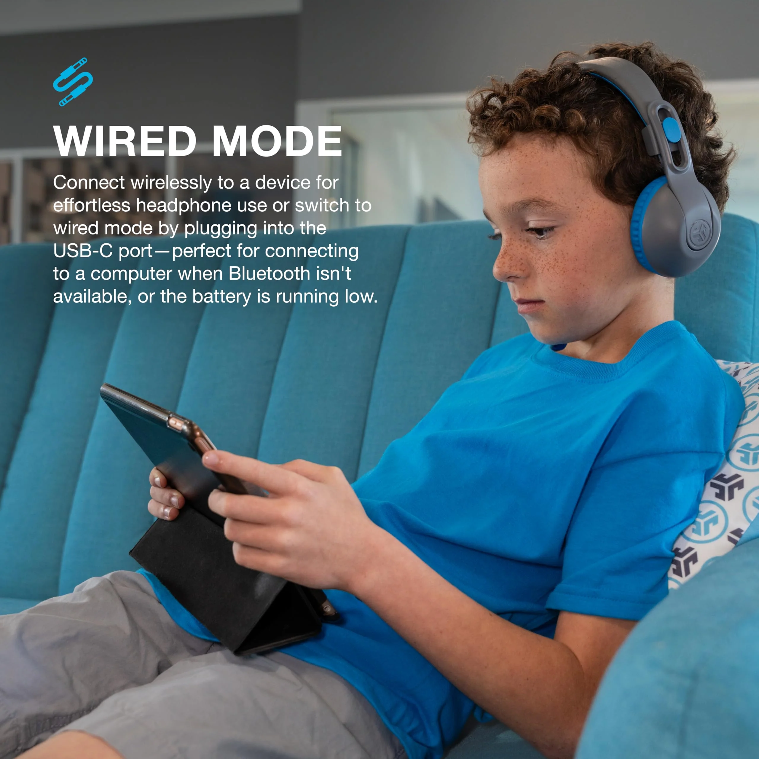 JLab JBuddies Studio 2 Wireless Kids Headphones, Volume Safe, Share Mode, Foldable, Adjustable, Grey Blue - Image 3