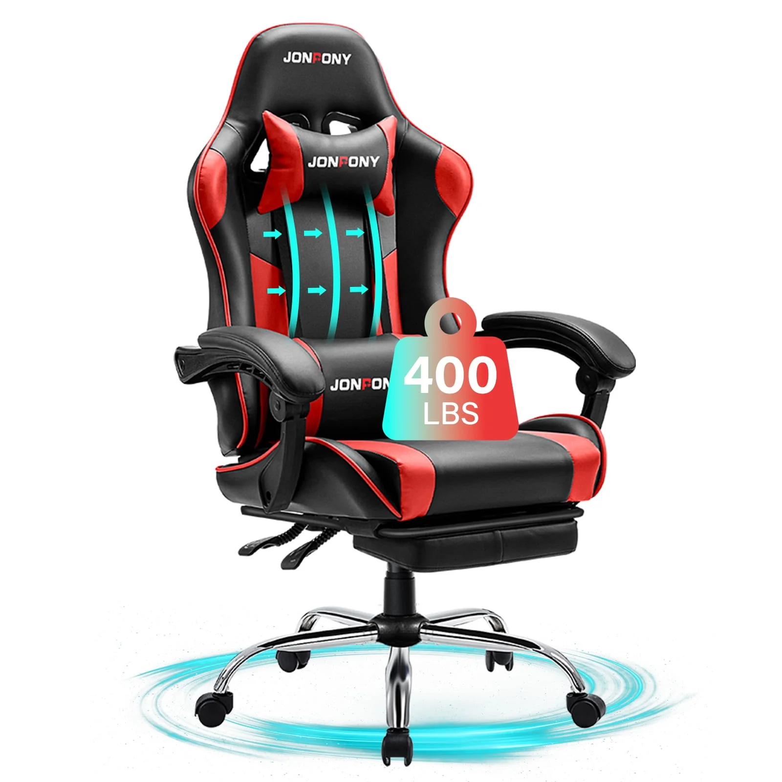 JONPONY Big and Tall Gaming Chair, Ergonomic Design, Adjustable Headrest and Lumbar Support, Retractable Footrest, PU Leather, High Back Office Chair, Black Red, 8607 Series