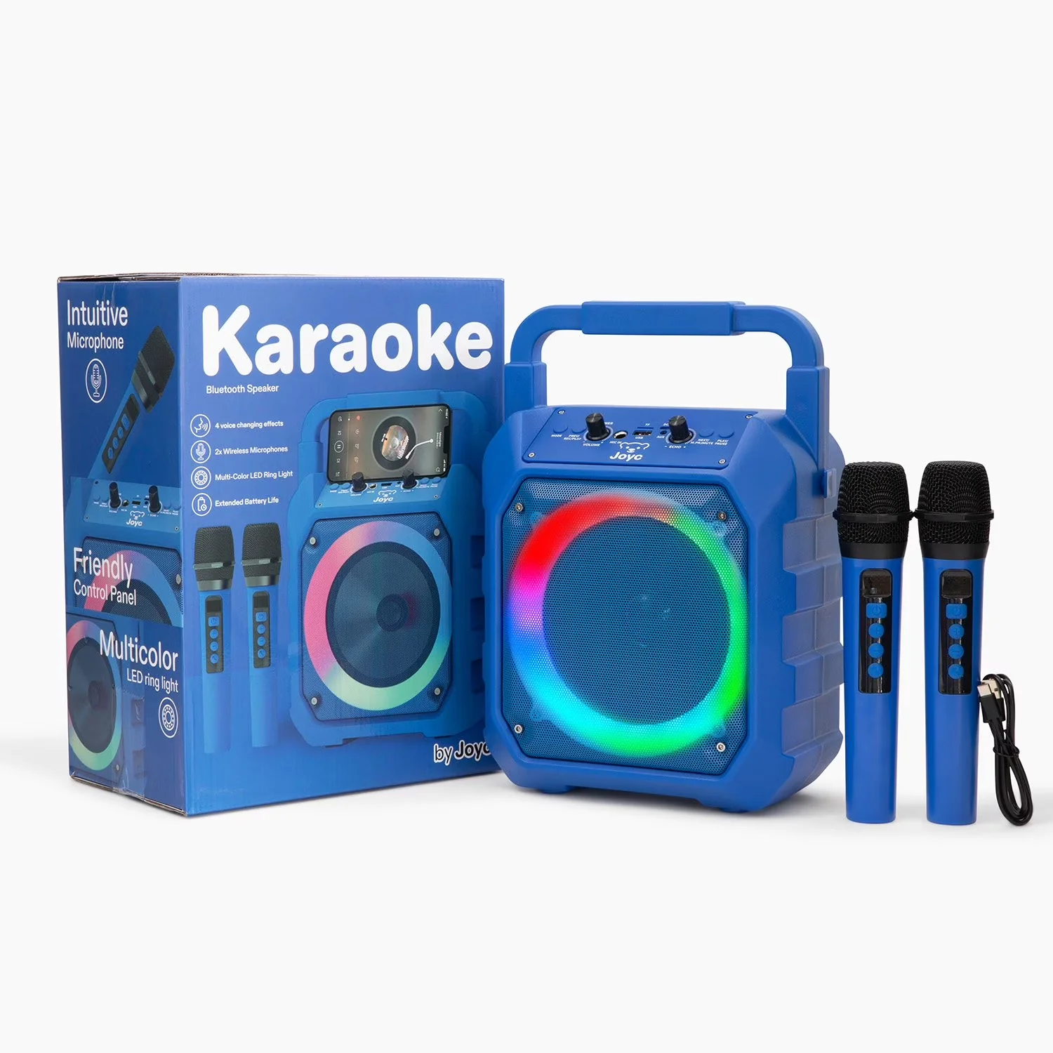 JOYC Mic Drop Karaoke Machine with 2 Wireless Mics & RGB Lights, Blue