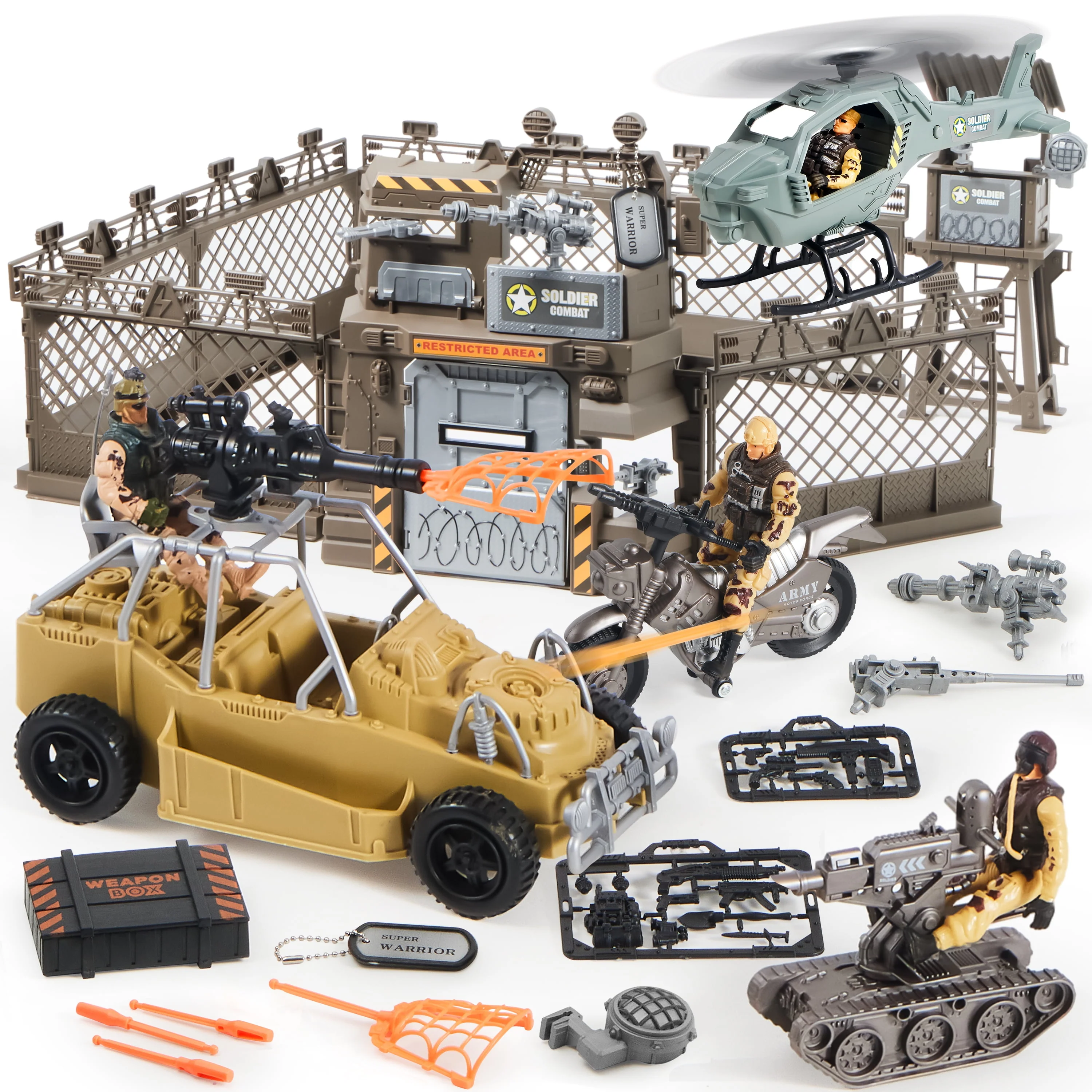 Joyfy Military Base Toys Set, 26pcs Army Men Action Figures, Vehicles, Weapons, Transport Helicopter with Lights and Sounds, Durable Non-Toxic ABS Plastic