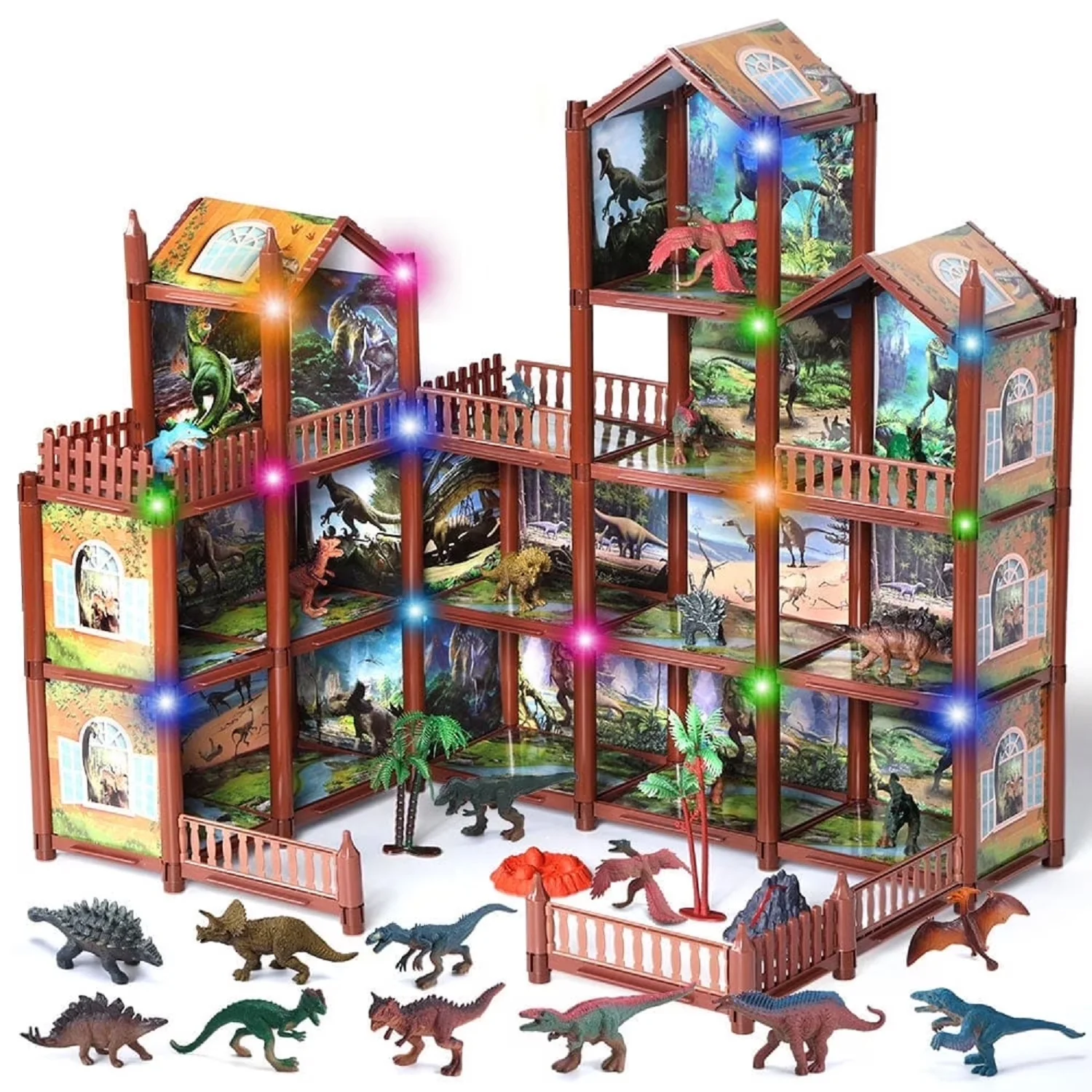 JoyStone DSJ55-21 Dinosaur Dollhouse with 14 Rooms and Mountain Playset, Includes 12 Dinosaurs & Accessories, Pretend Play House for Kids Ages 6-12
