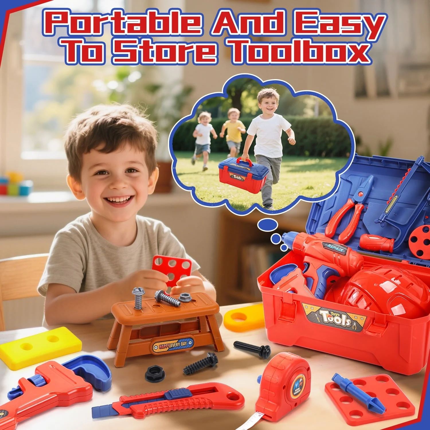 JoyStone RX-904C 42PCS Pretend Play Tool Set Toddler Beginner Tool Set with Tool Box & Toy Chainsaw & Drill - Image 2