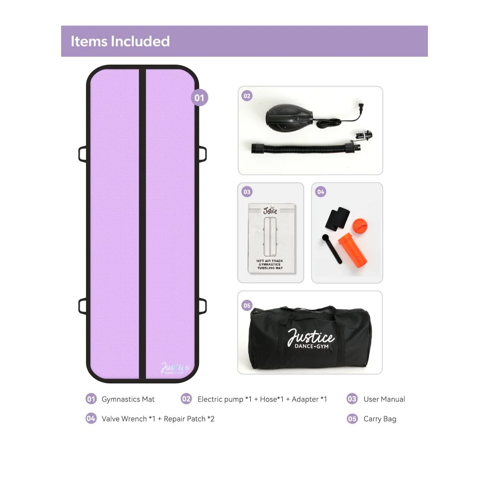 Justice 10ft Inflatable Air Track Gymnastics Tumbling Mat, Purple, Includes Electric Air Pump and Carrying Bag - Image 5