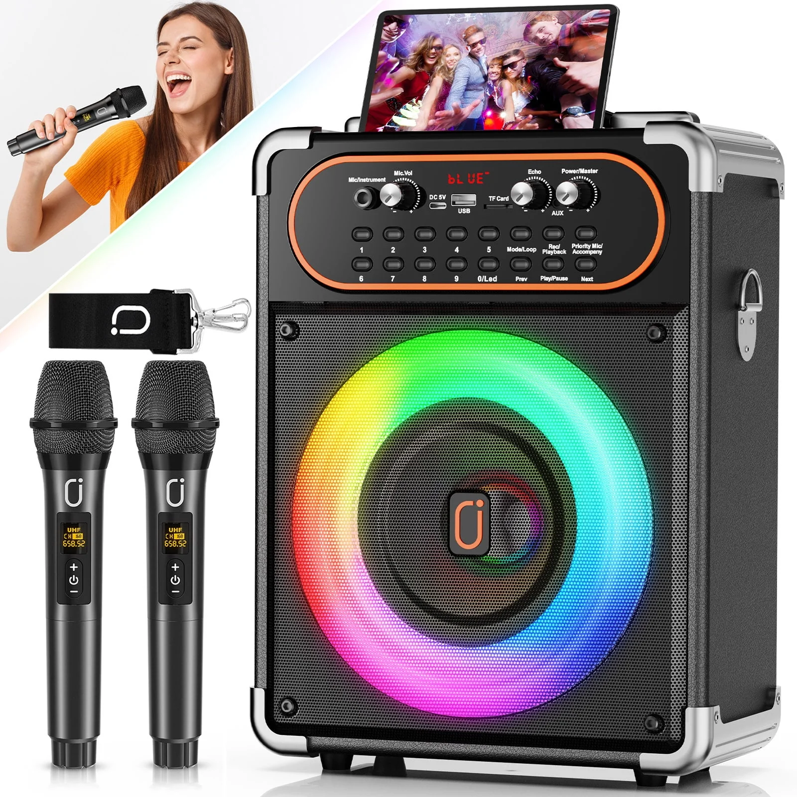 JYX S68-WM-ZLX Karaoke Machine, Portable Bluetooth Speaker System with 2 UHF Wireless Microphones, 6.5-Inch Subwoofer, DJ Lights, Reverb Adjustment, 24-Hour Battery, Black - Image 2