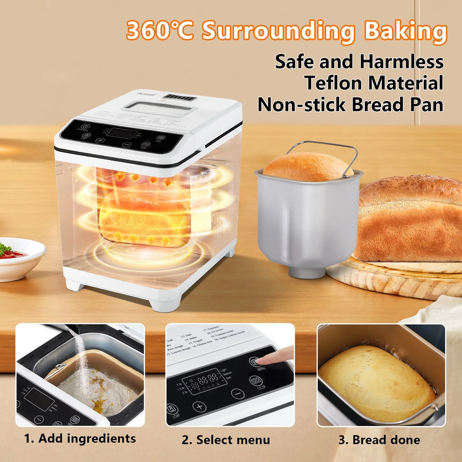 Jiangmenshikangbaishidianqiyouxiangongsi MBF-070 IC KBS 20-in-1 Fully Automatic Bread Maker Machine with Ice Cream Menu - Image 4