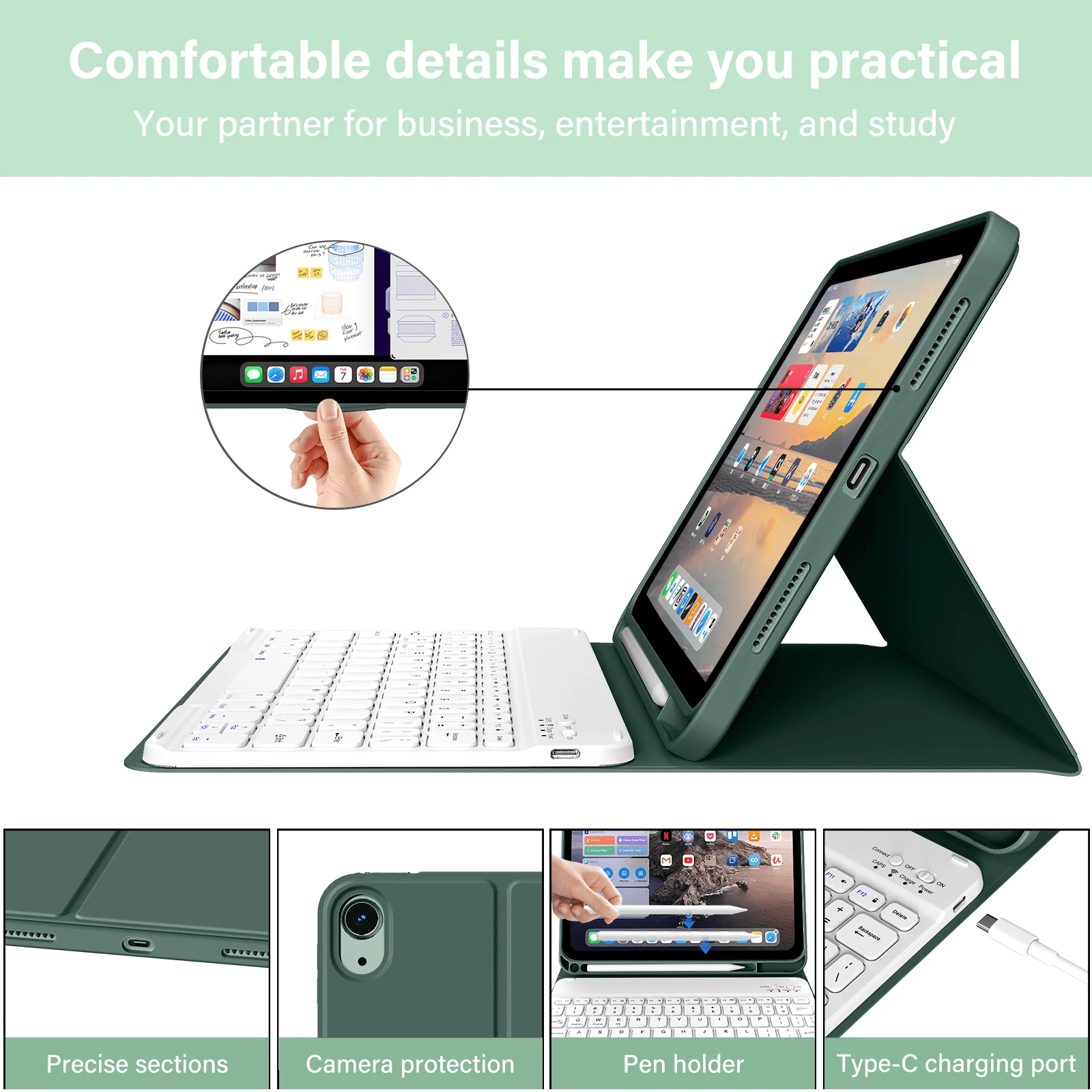 Kenke iPad (A16) 11th Generation 11 inch Keyboard Case, Dark Green - Image 3