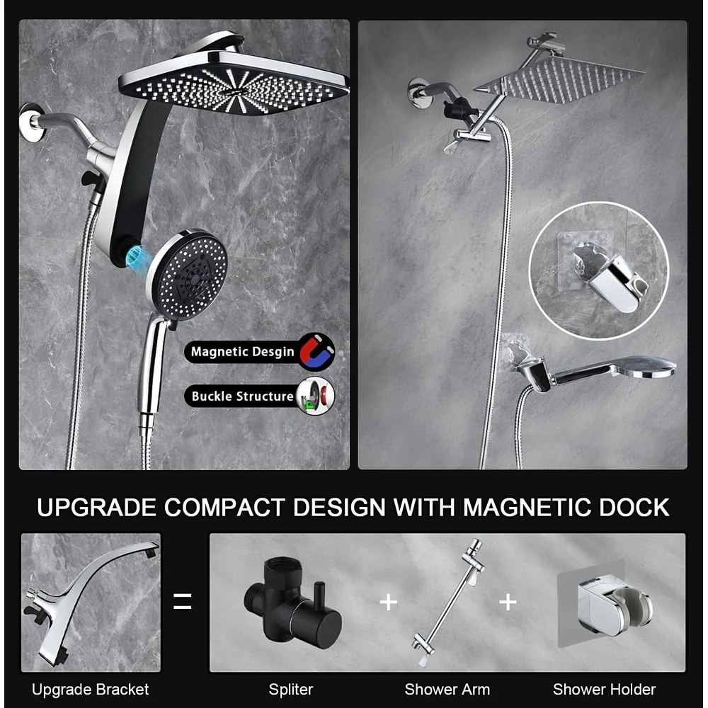 KESTE 12-Inch High Pressure Rain Shower Head and Handheld Spray Combo, 3+8+2 Spray Settings, Built-In Magnetic Docking Bracket, 360 Adjustable, Silver, 60-Inch Hose - Image 7