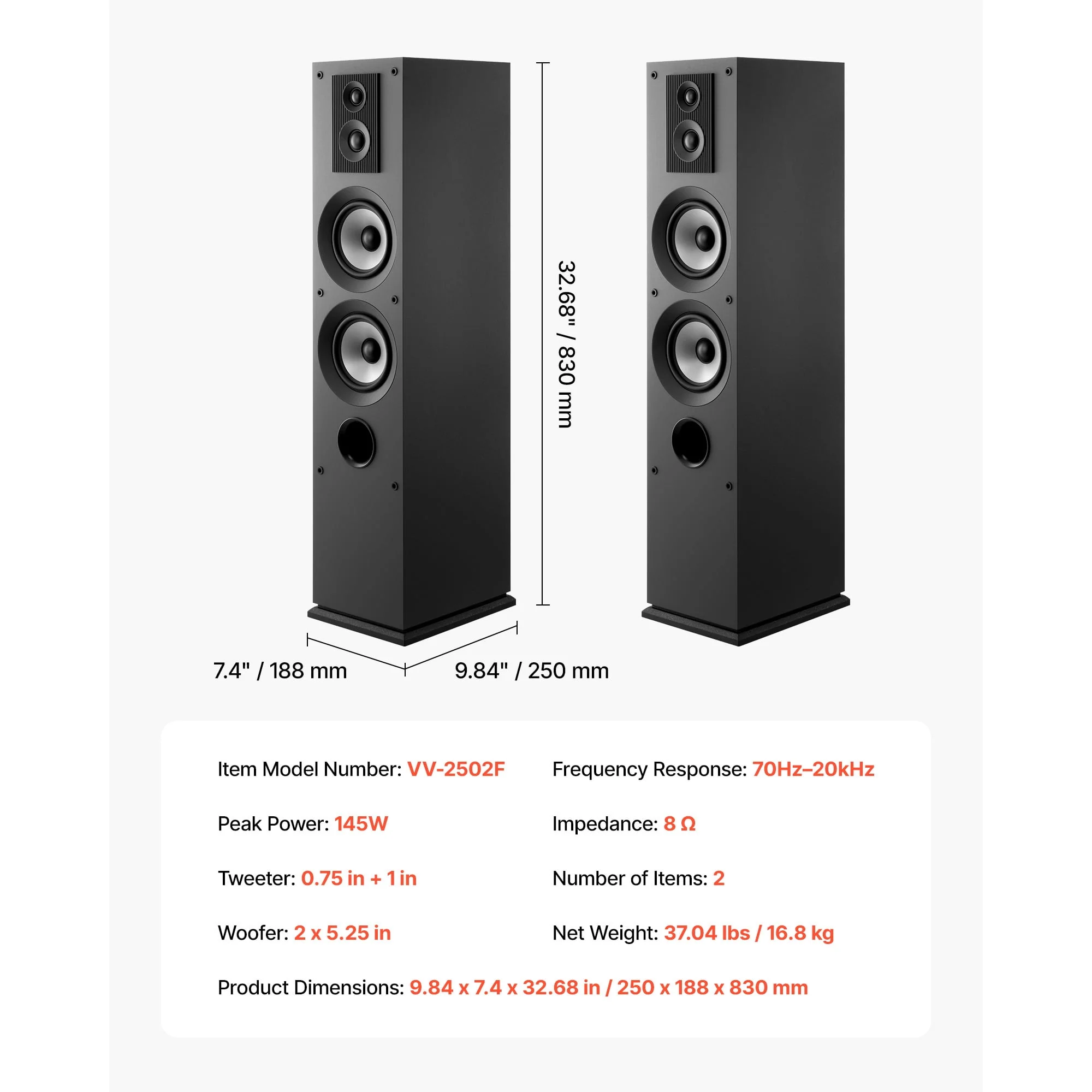 KFFKFF Floorstanding Speaker Pair, 3-Way Tower Speakers with 0.75 in Super Tweeter, 1 in Tweeter, Dual 5.25 in Woofers, 145W Peak Power, 70Hz20kHz Frequency Range, MDF Cabinet - Image 7